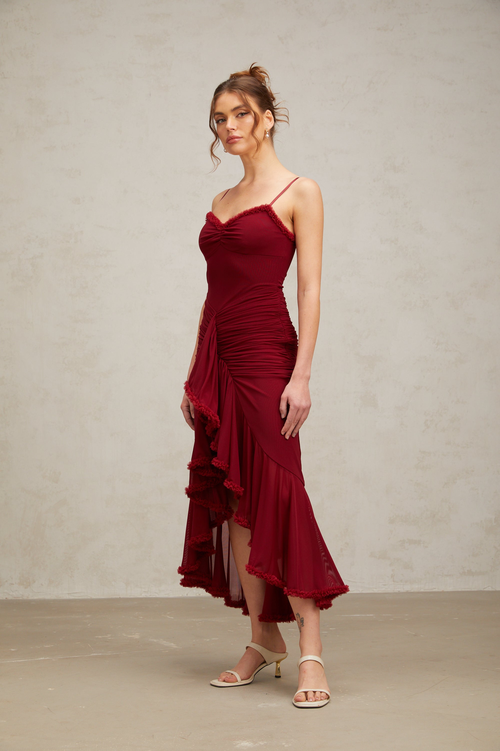 Viviane ruffle draped maxi dress in Red