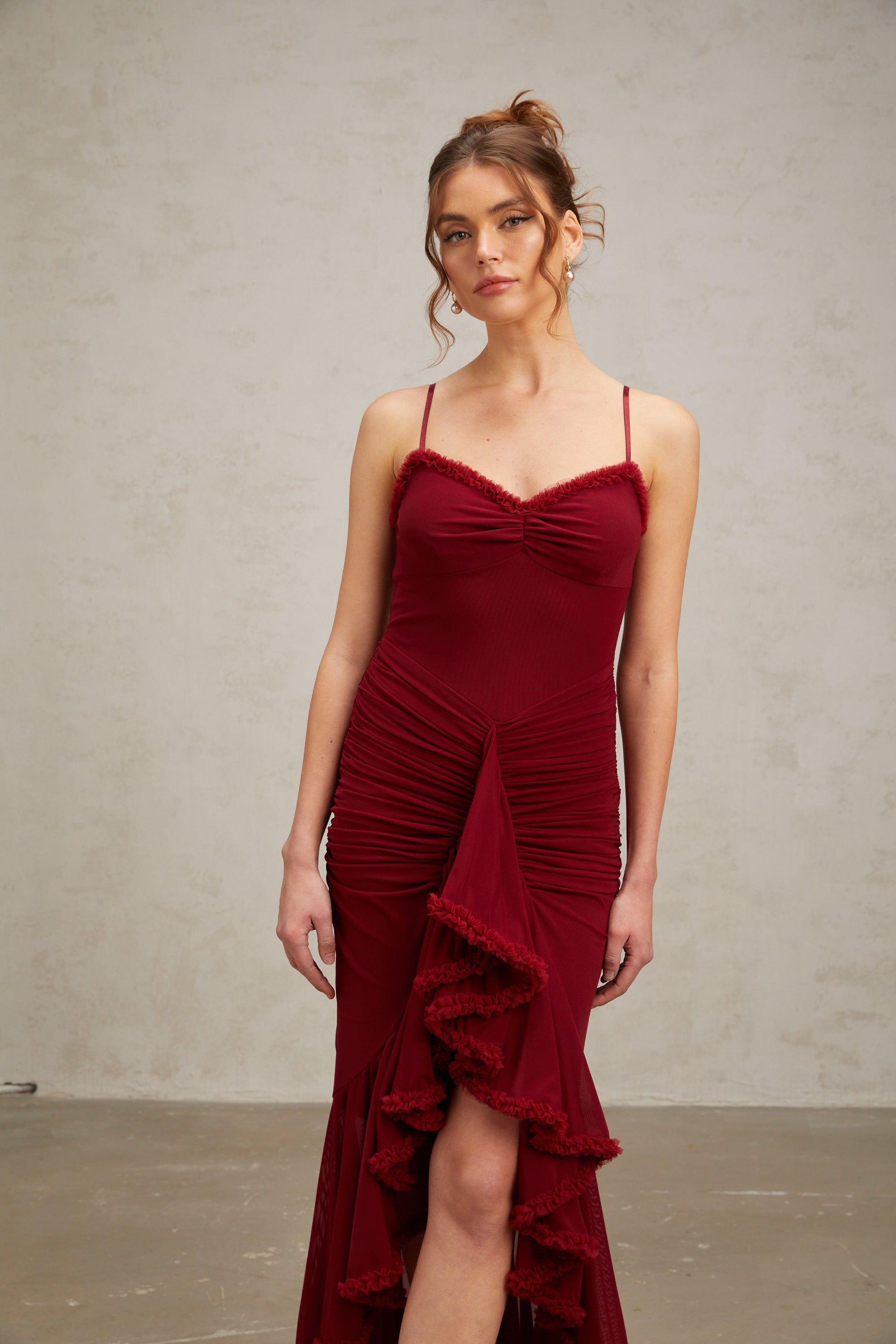 Viviane ruffle draped maxi dress in Red