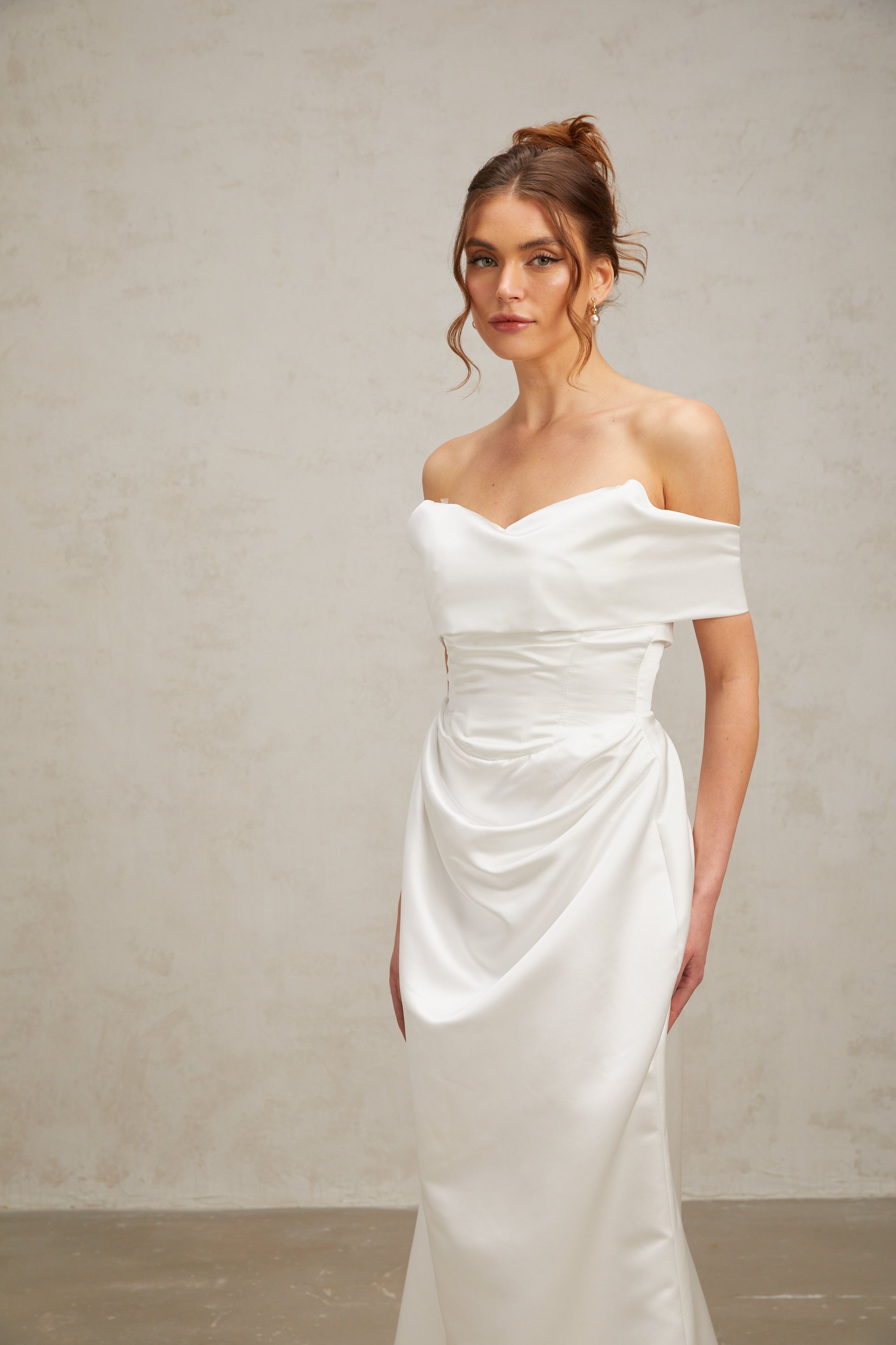 Lucia white off-shoulder ruched satin maxi dress (US Only)