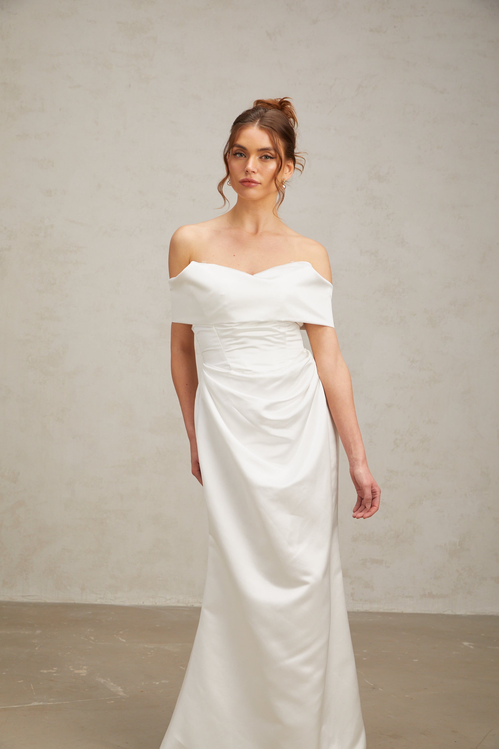 Lucia white off-shoulder ruched satin maxi dress (US Only)