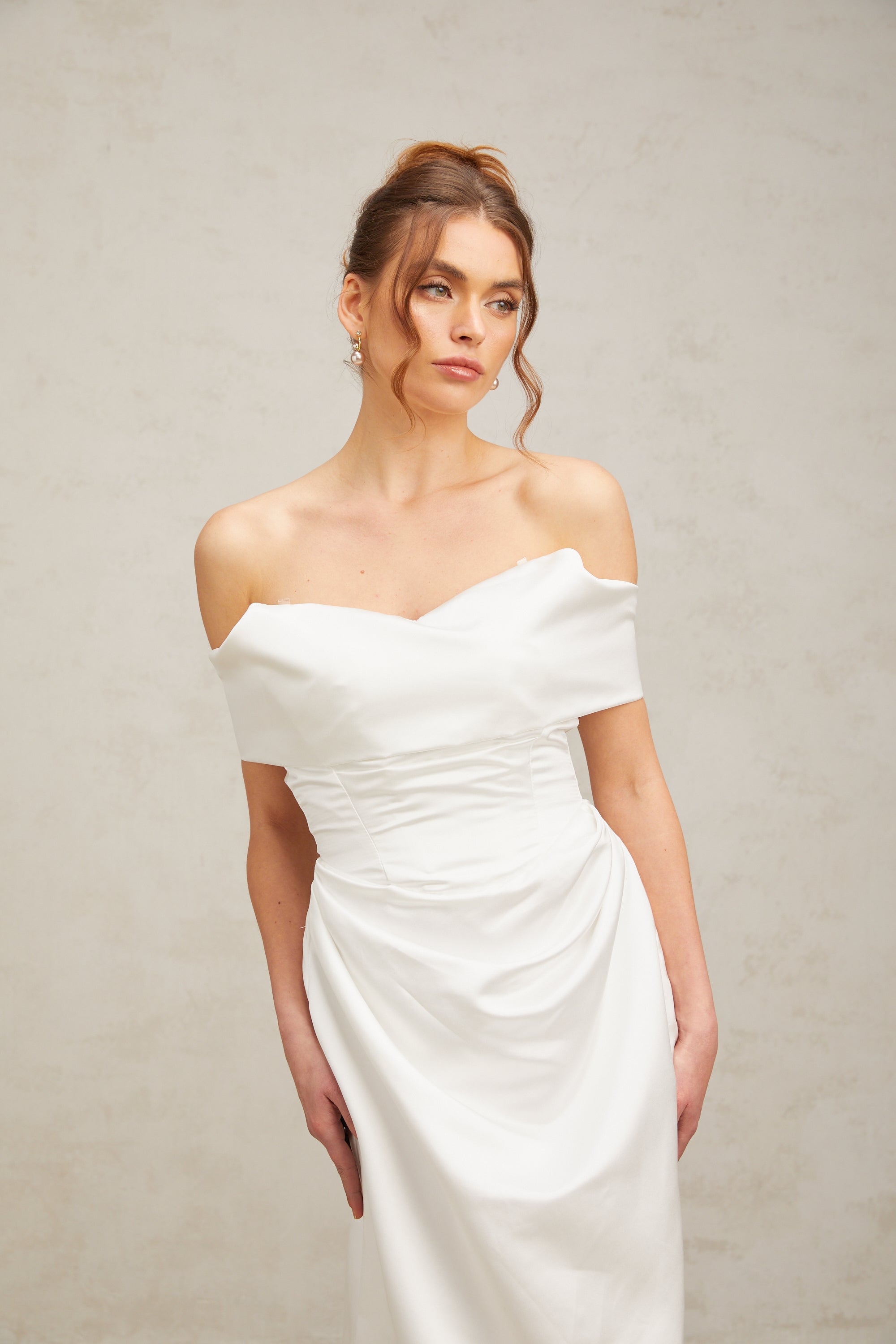 Lucia white off-shoulder ruched satin maxi dress (US Only)