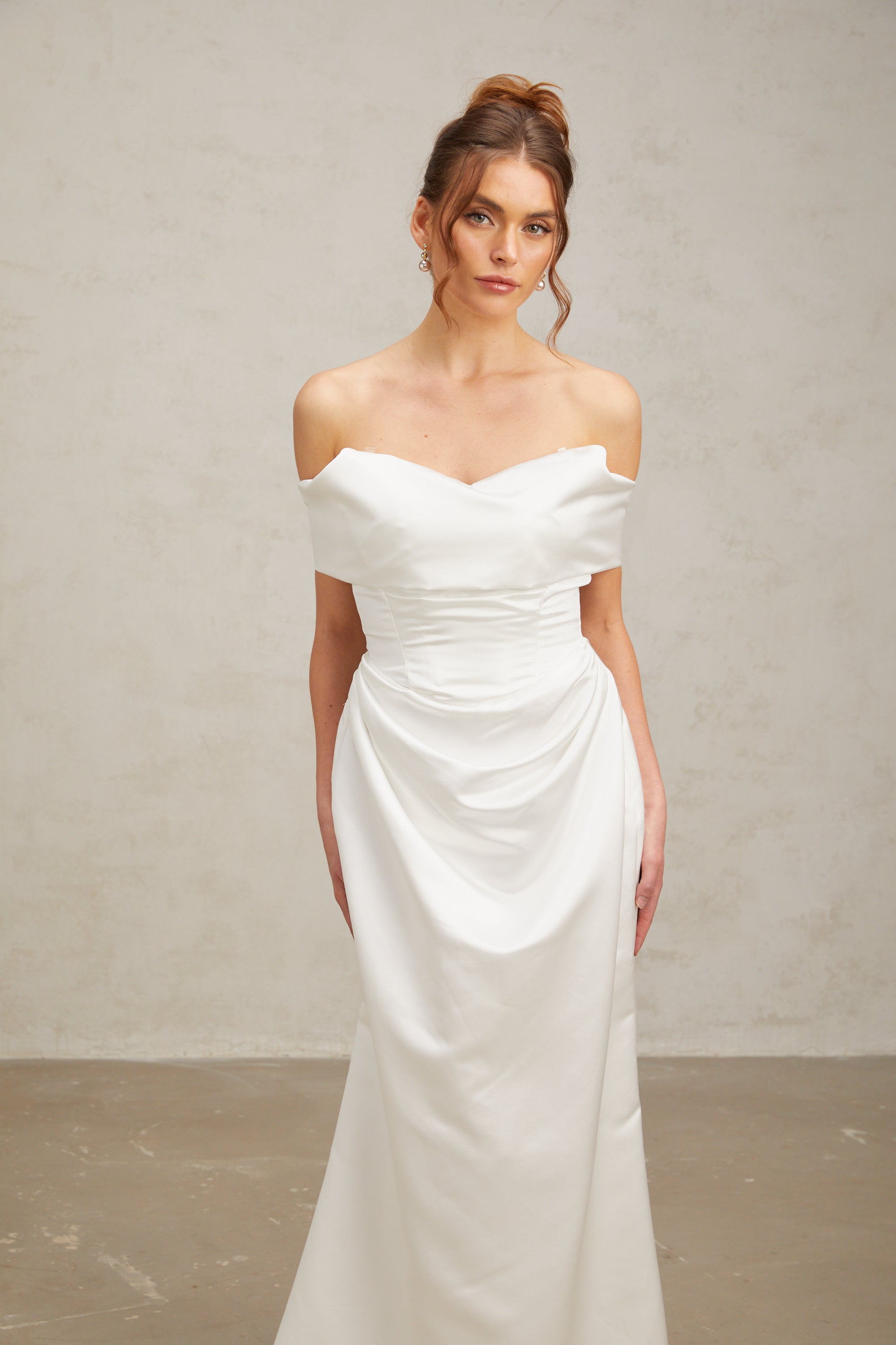 Lucia white off-shoulder ruched satin maxi dress (US Only)