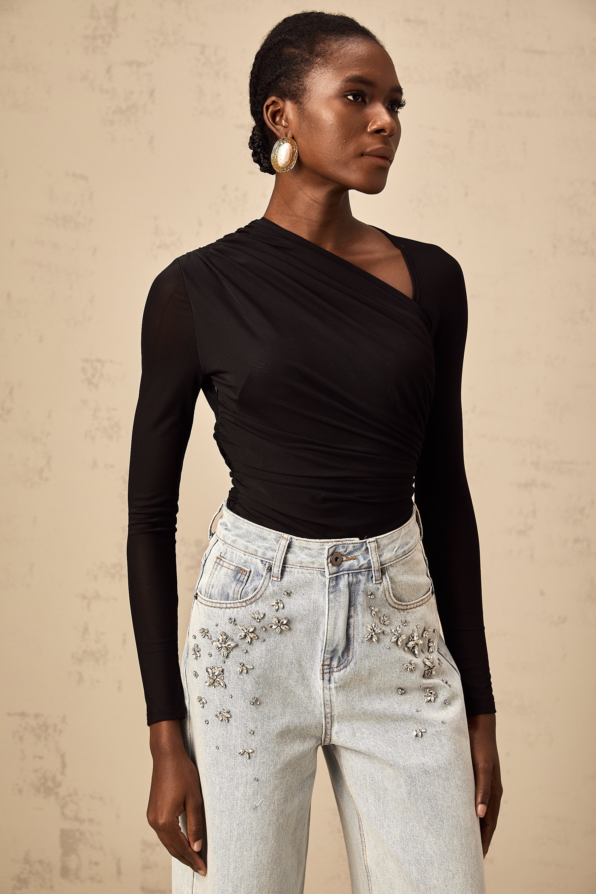 Fachtna black split asymmetrical bodysuit