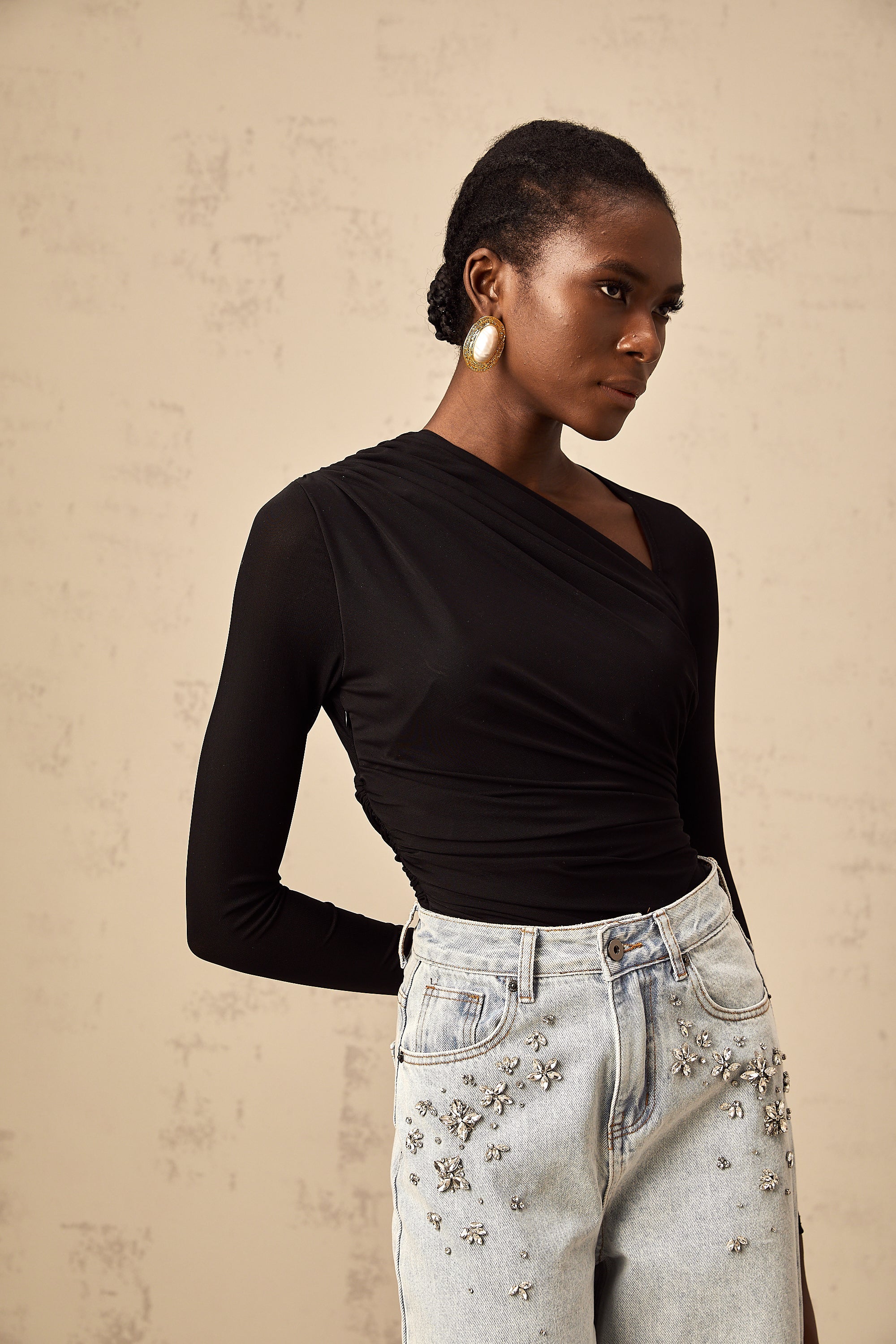 Fachtna black split asymmetrical bodysuit