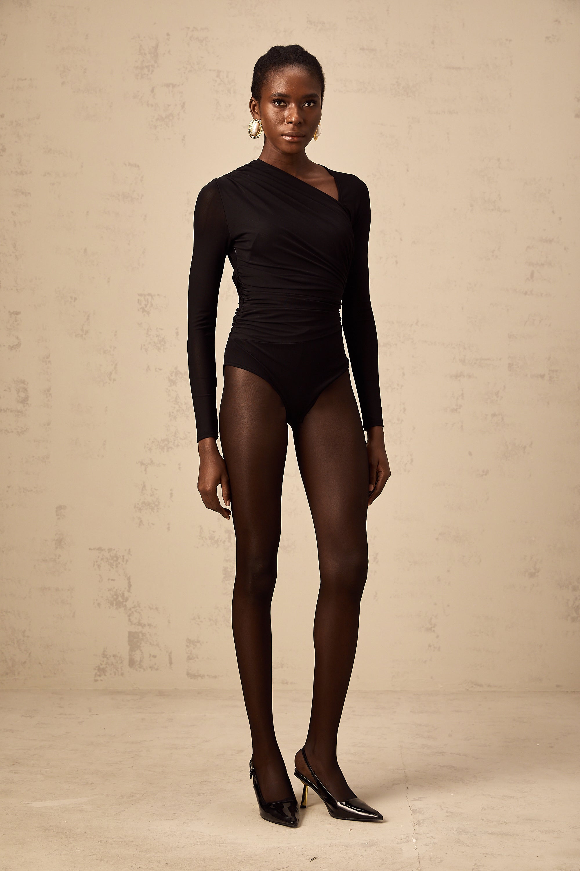 Fachtna black split asymmetrical bodysuit