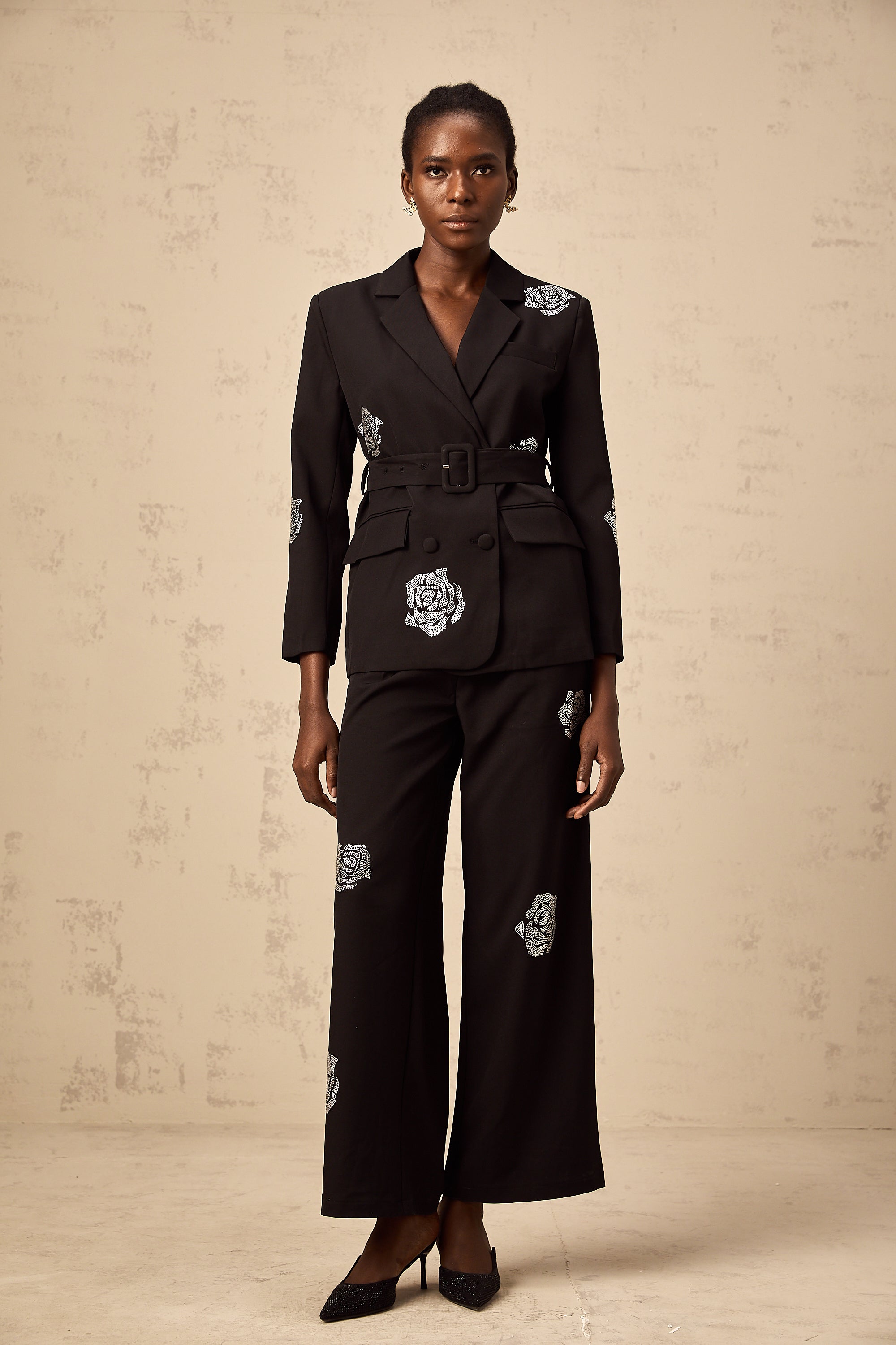 Phoebe black studded-rose blazer & trousers matching set