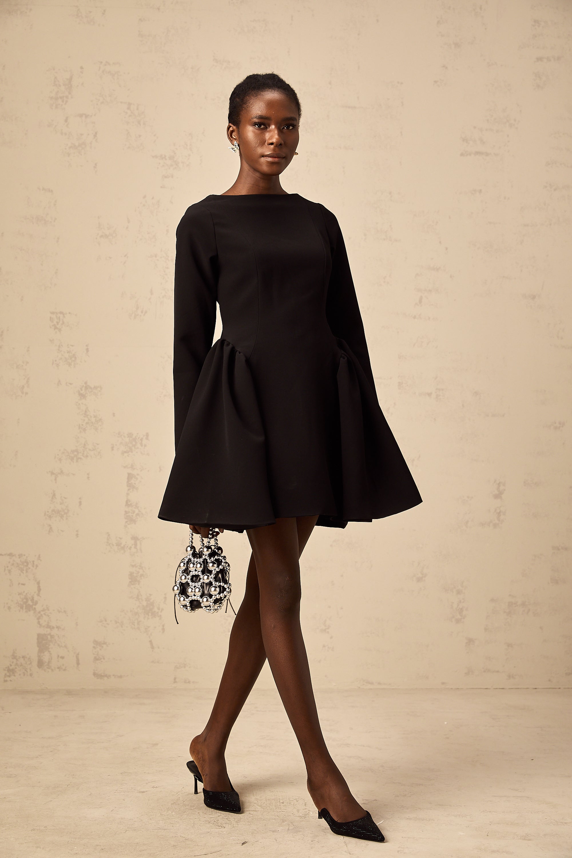 Zora black long-sleeve flared mini dress