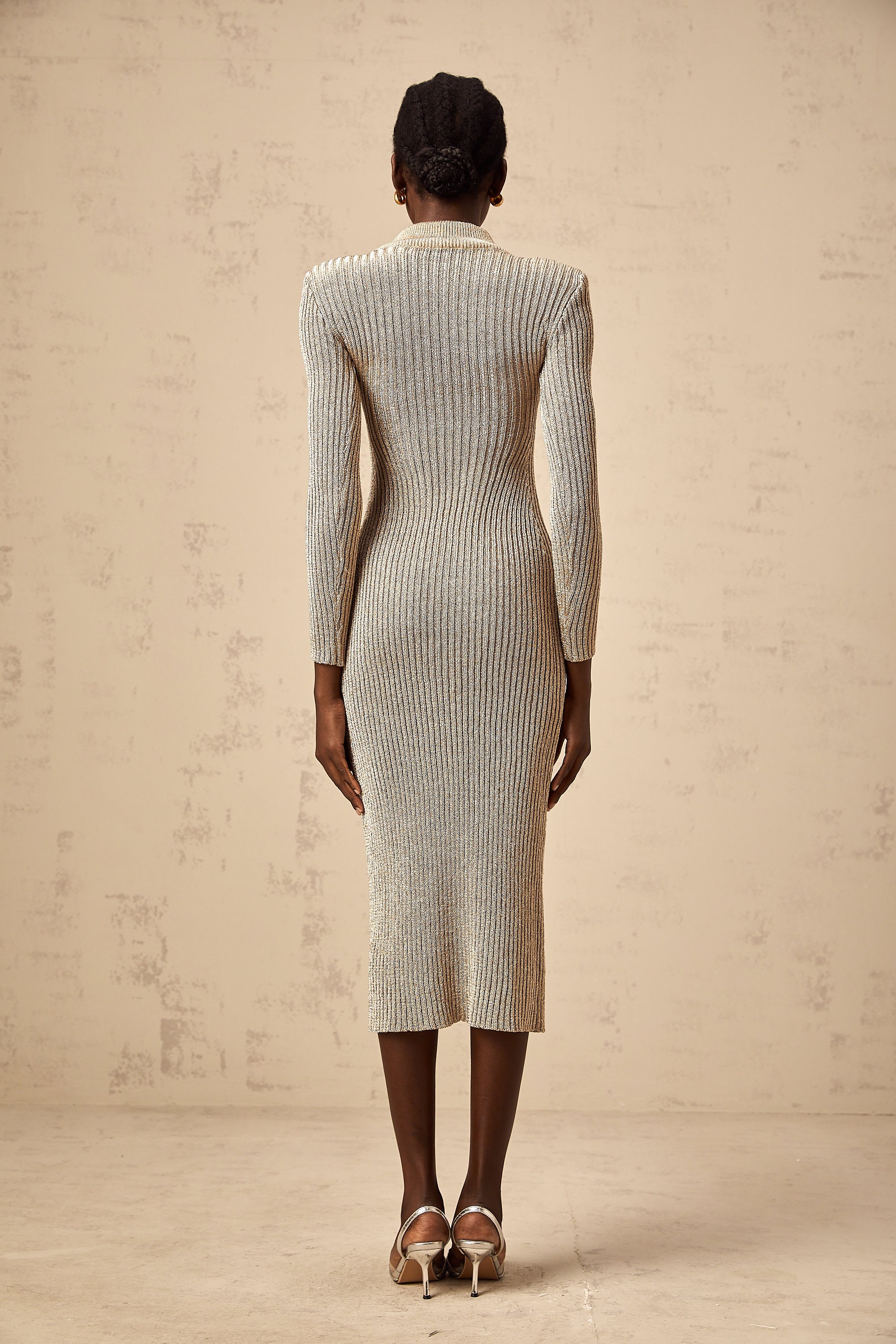 Candice gold pointelle ribbed-knit midi dress