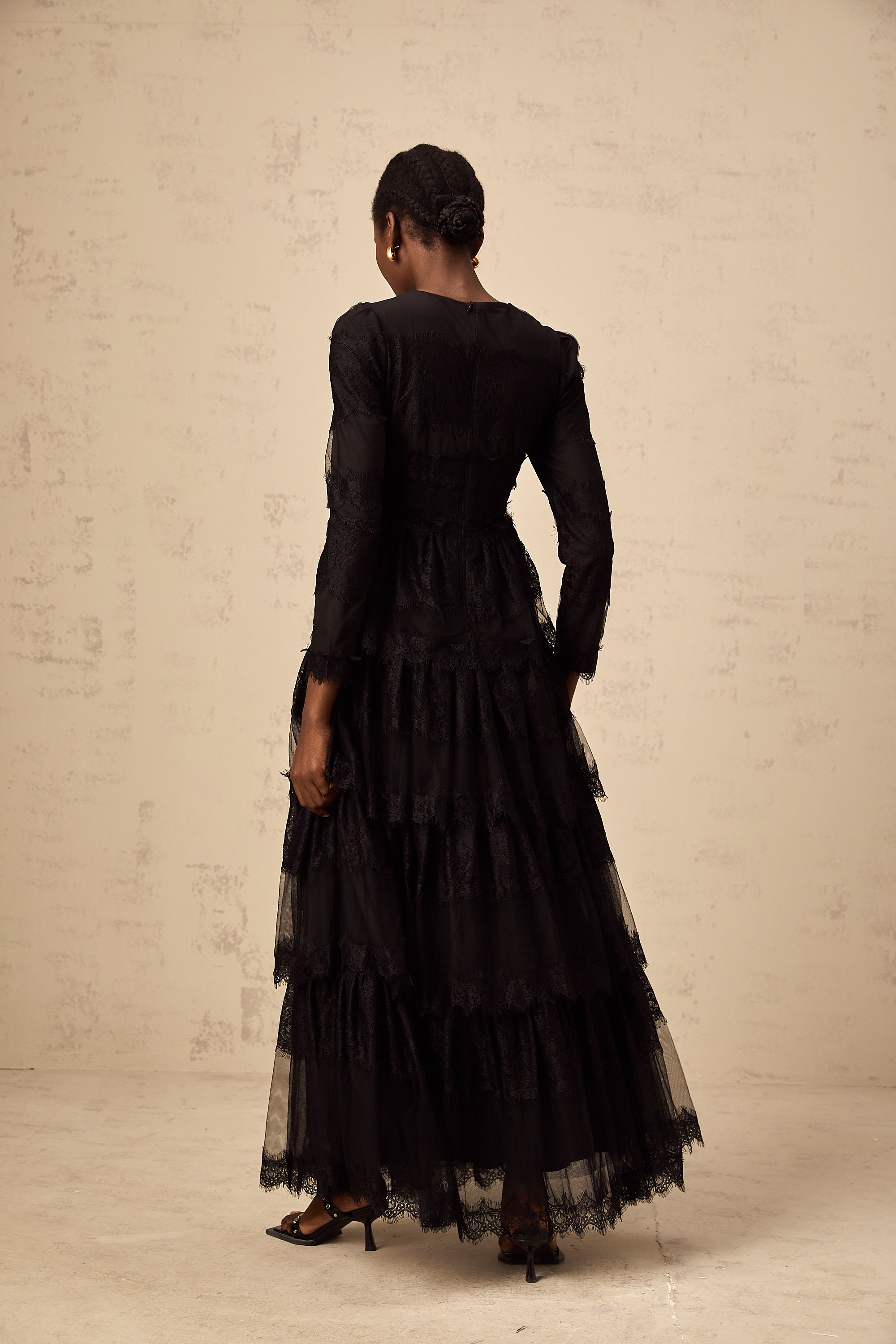Gloria black guipure lace tulle tiered maxi dress