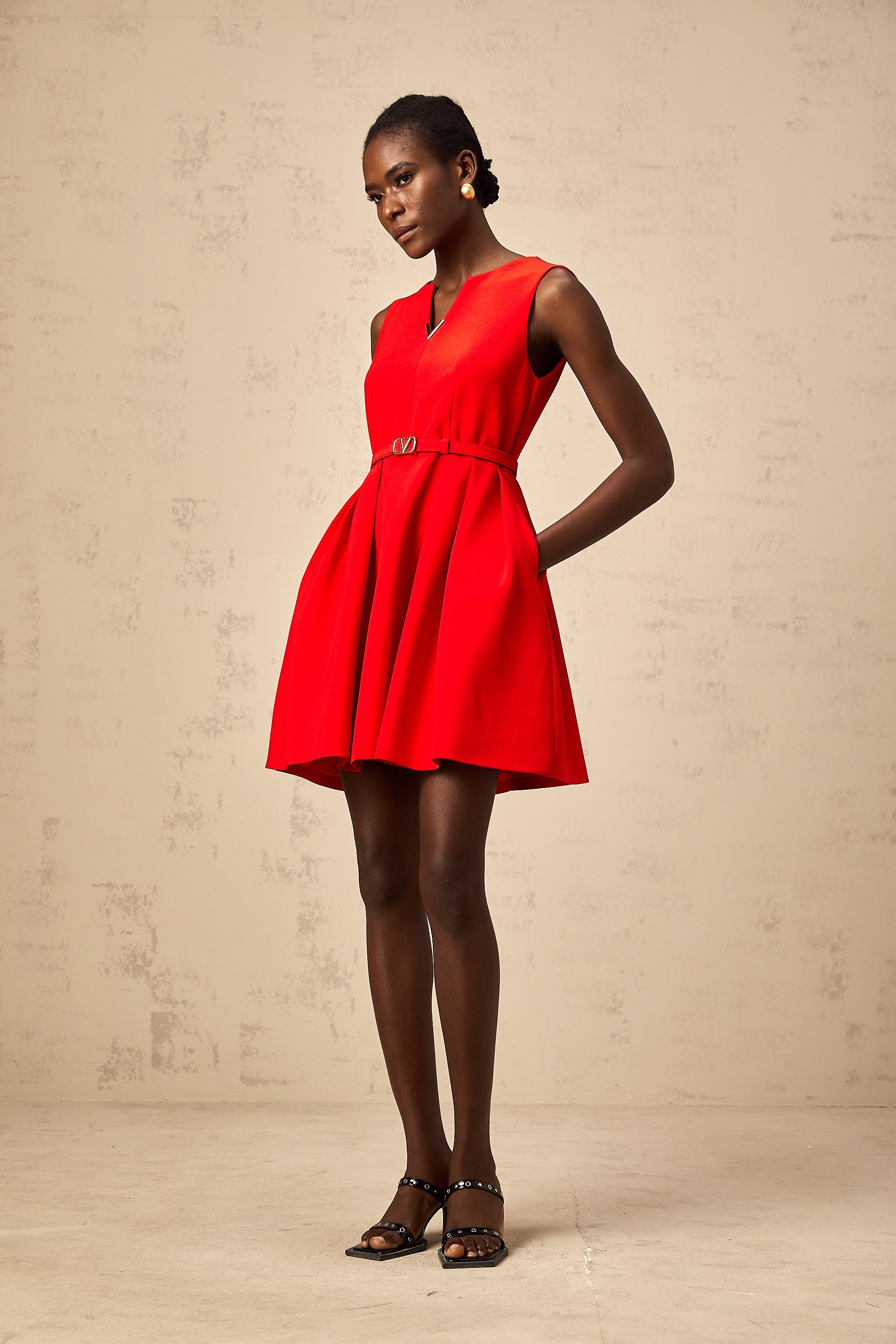 Quiana red split-neck cinched-waist mini dress (Final Sale)