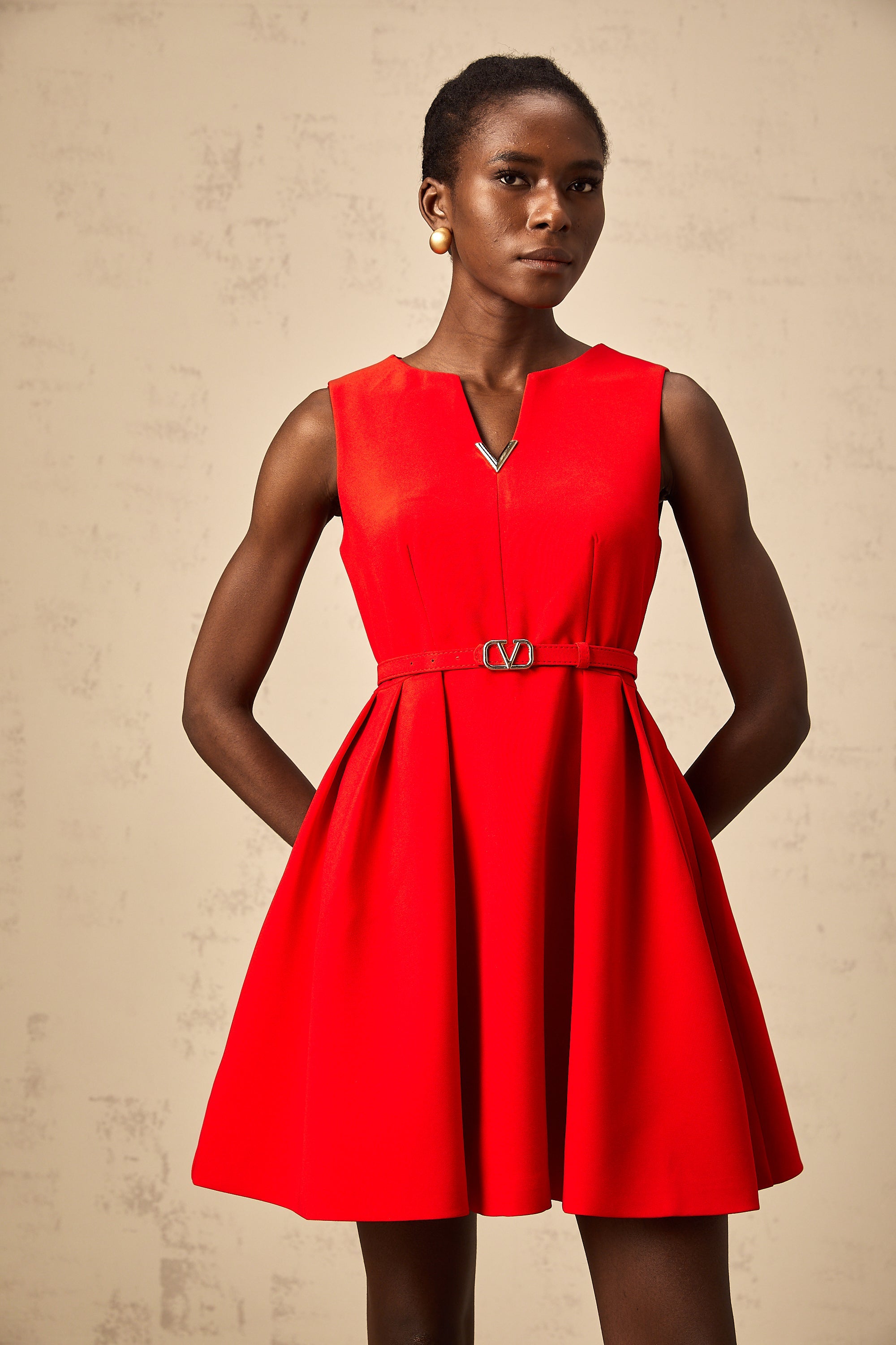 Quiana red split-neck cinched-waist mini dress (Final Sale)
