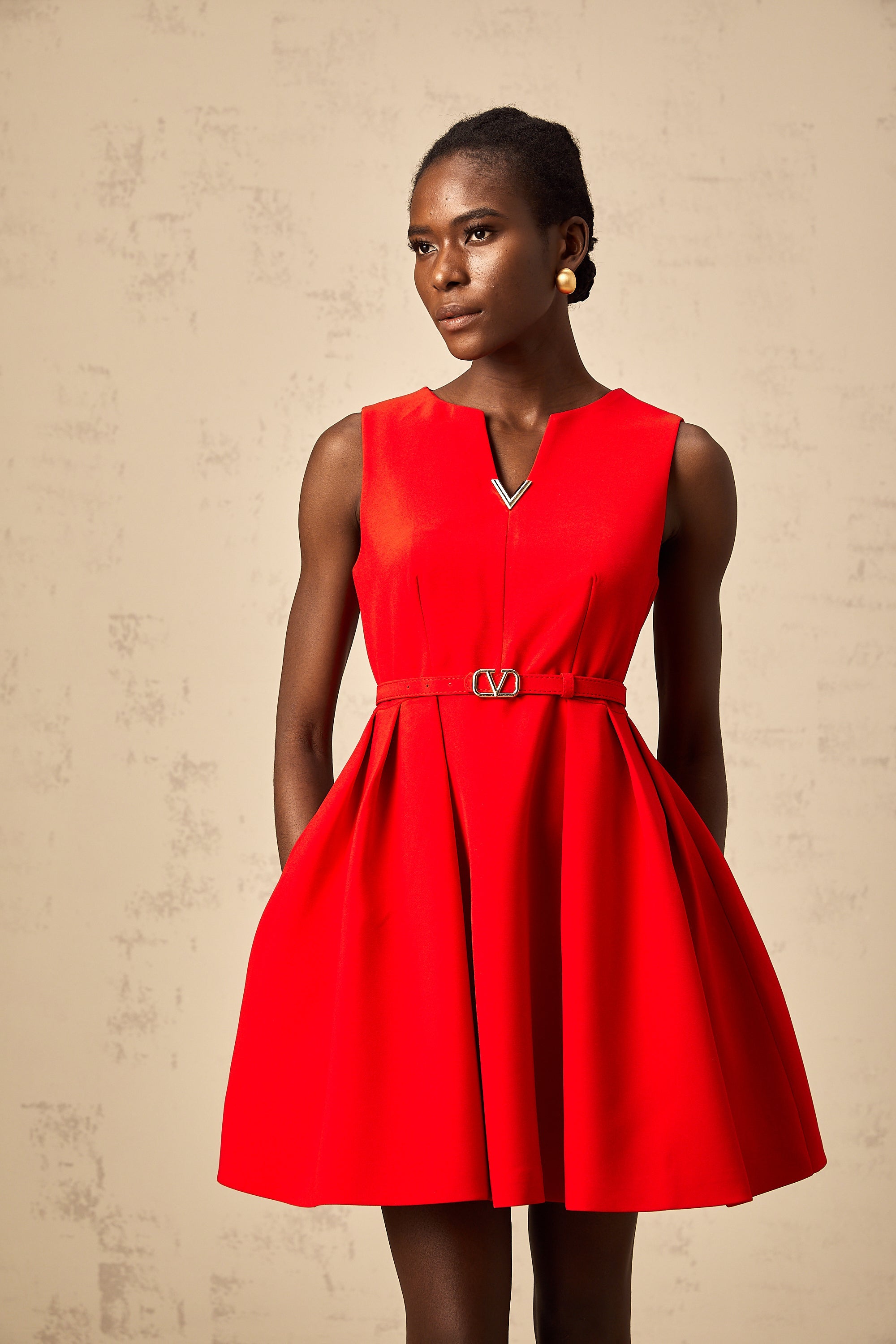 Quiana red split-neck cinched-waist mini dress (Final Sale)
