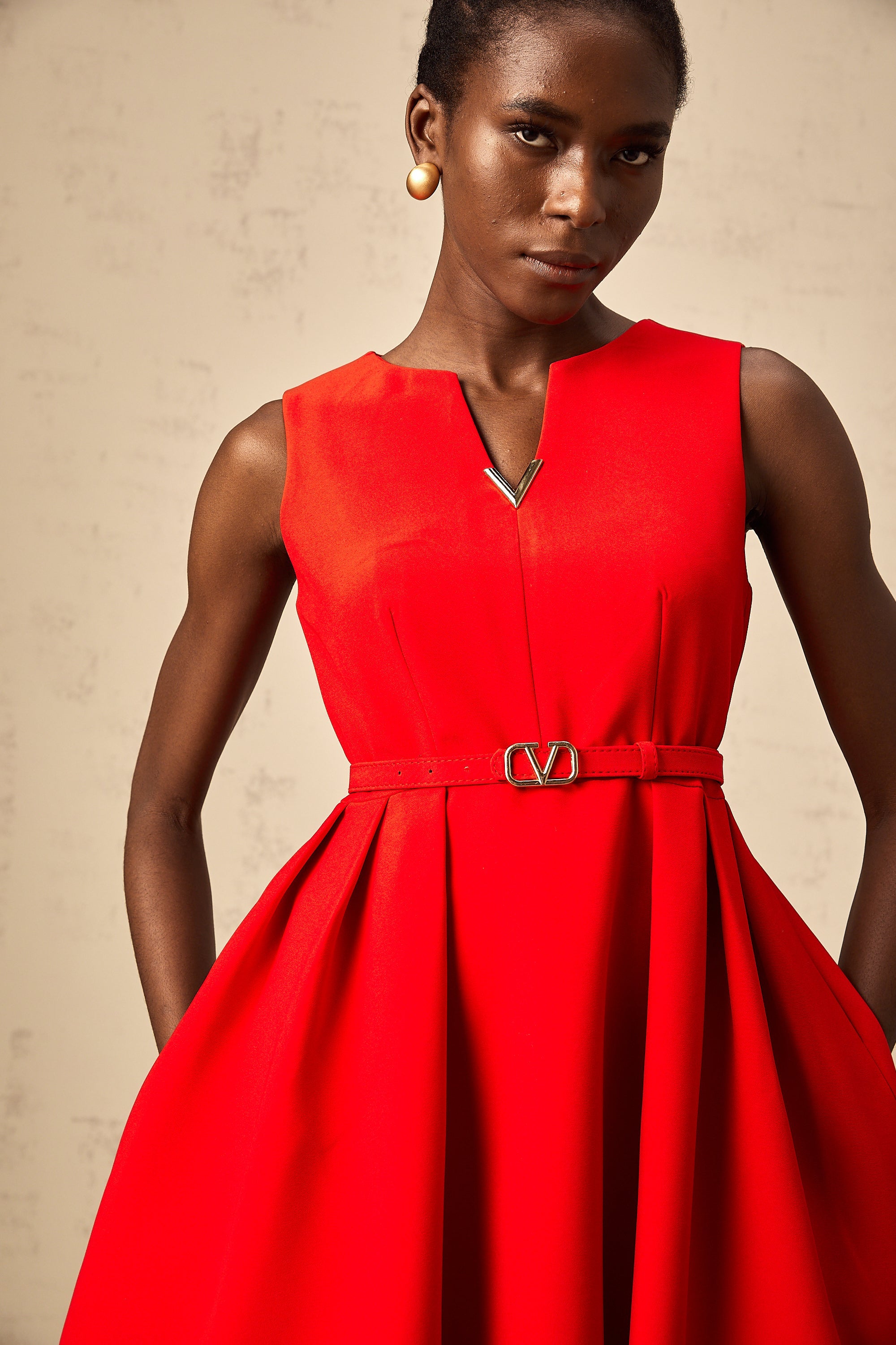 Quiana red split-neck cinched-waist mini dress (Final Sale)