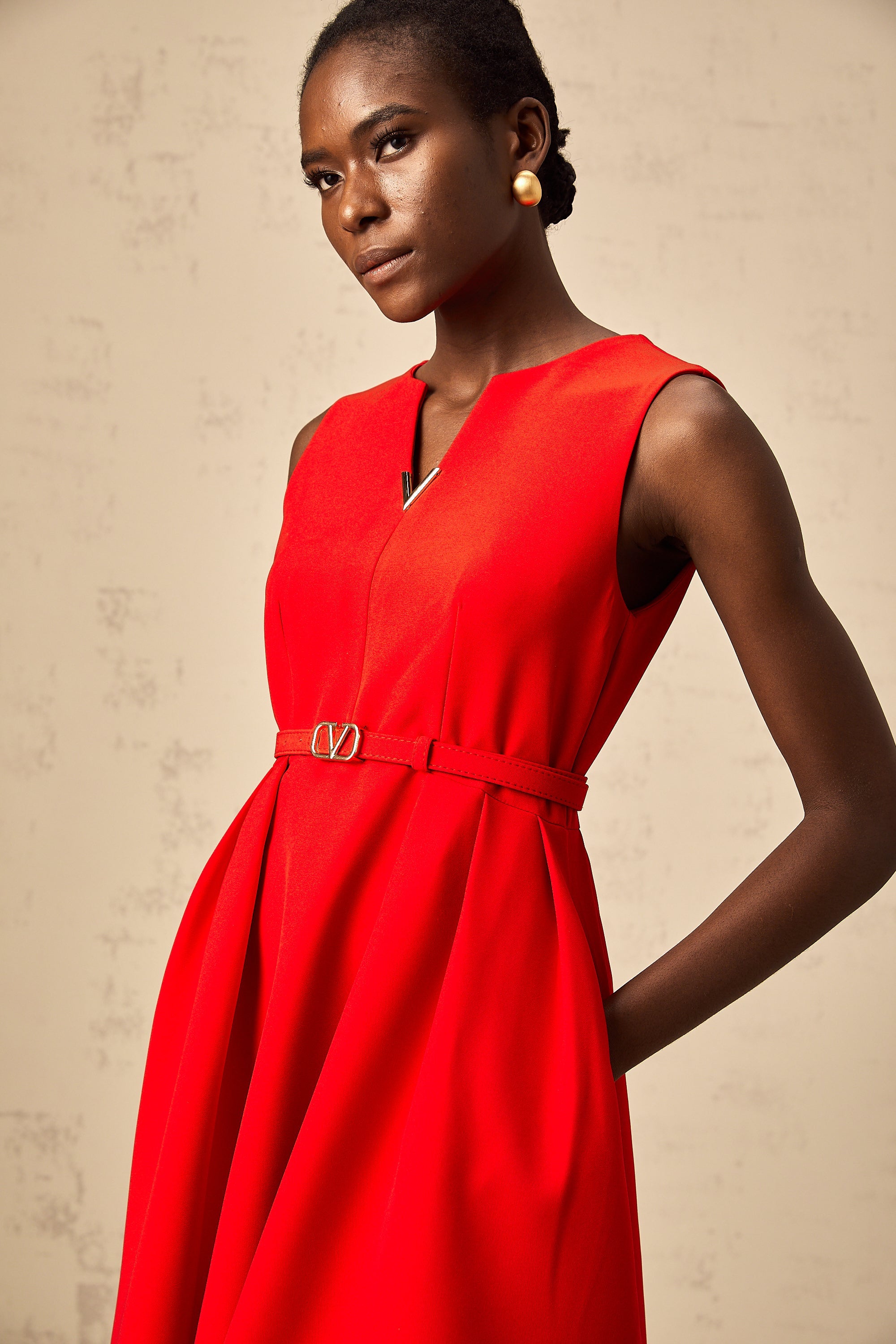 Quiana red split-neck cinched-waist mini dress (Final Sale)