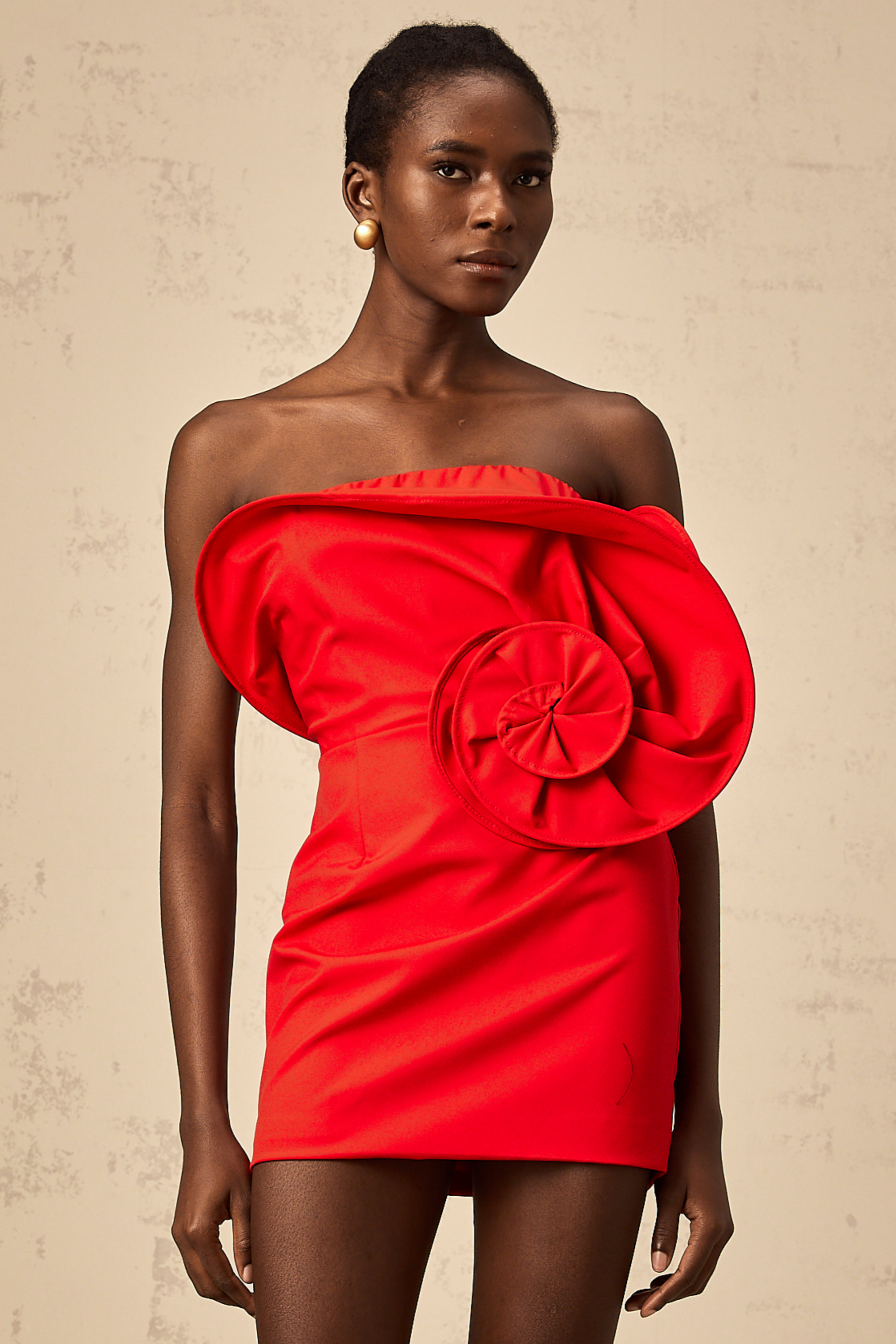 Emilie red sculptural-rose off-shoulder mini dress (US Only)