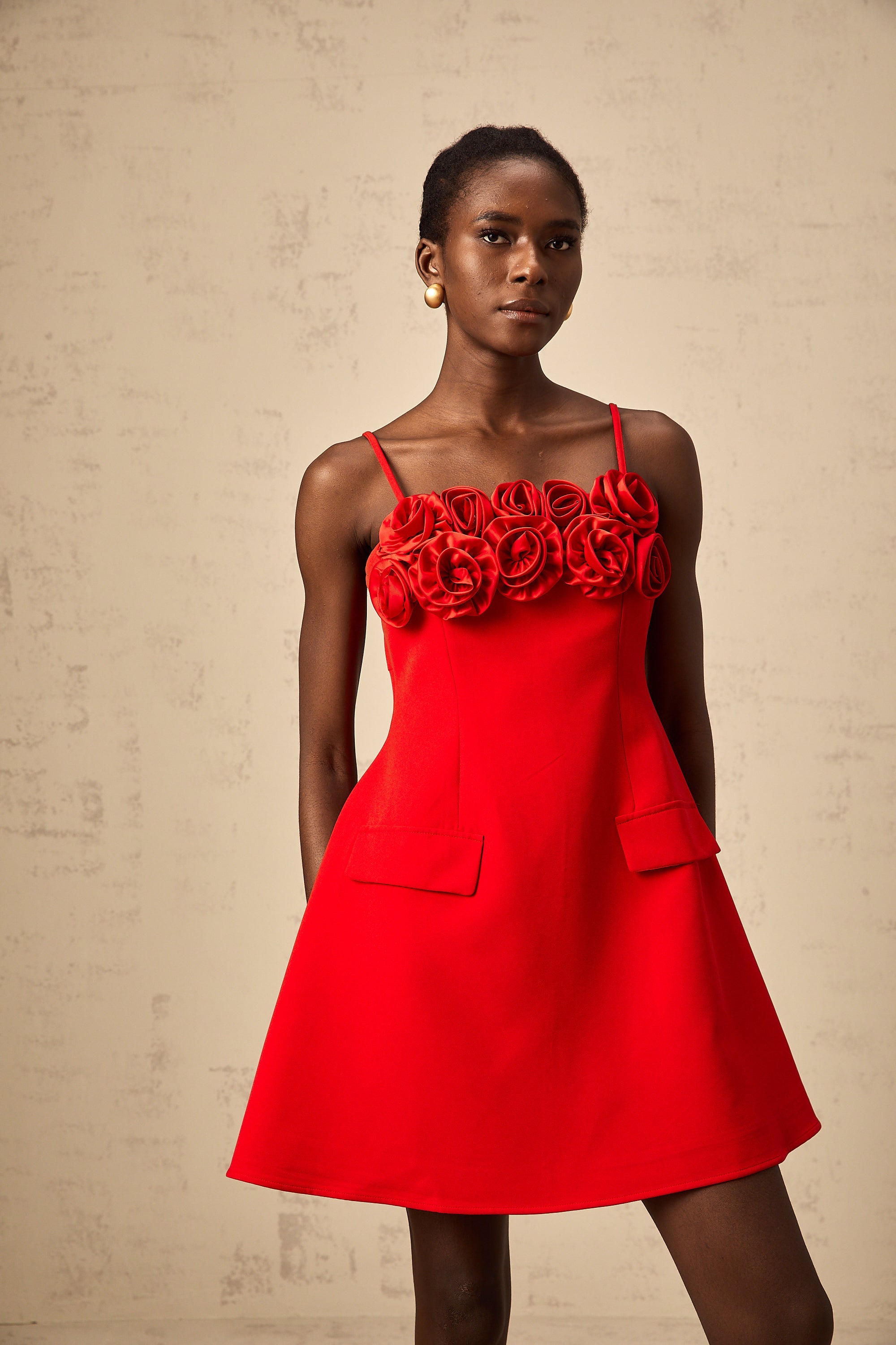 Mignon rose-appliqué flared mini dress in Red