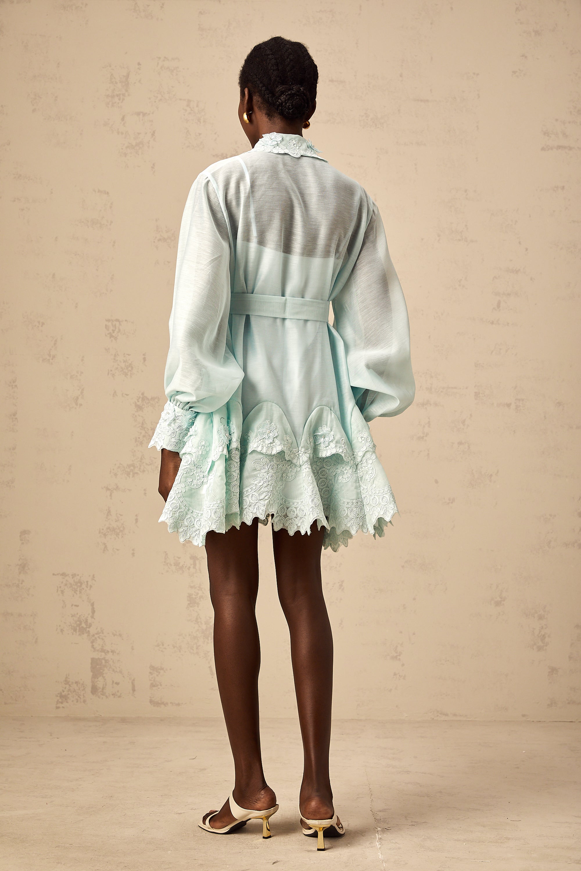 Ivana green lace-panel mini shirt dress