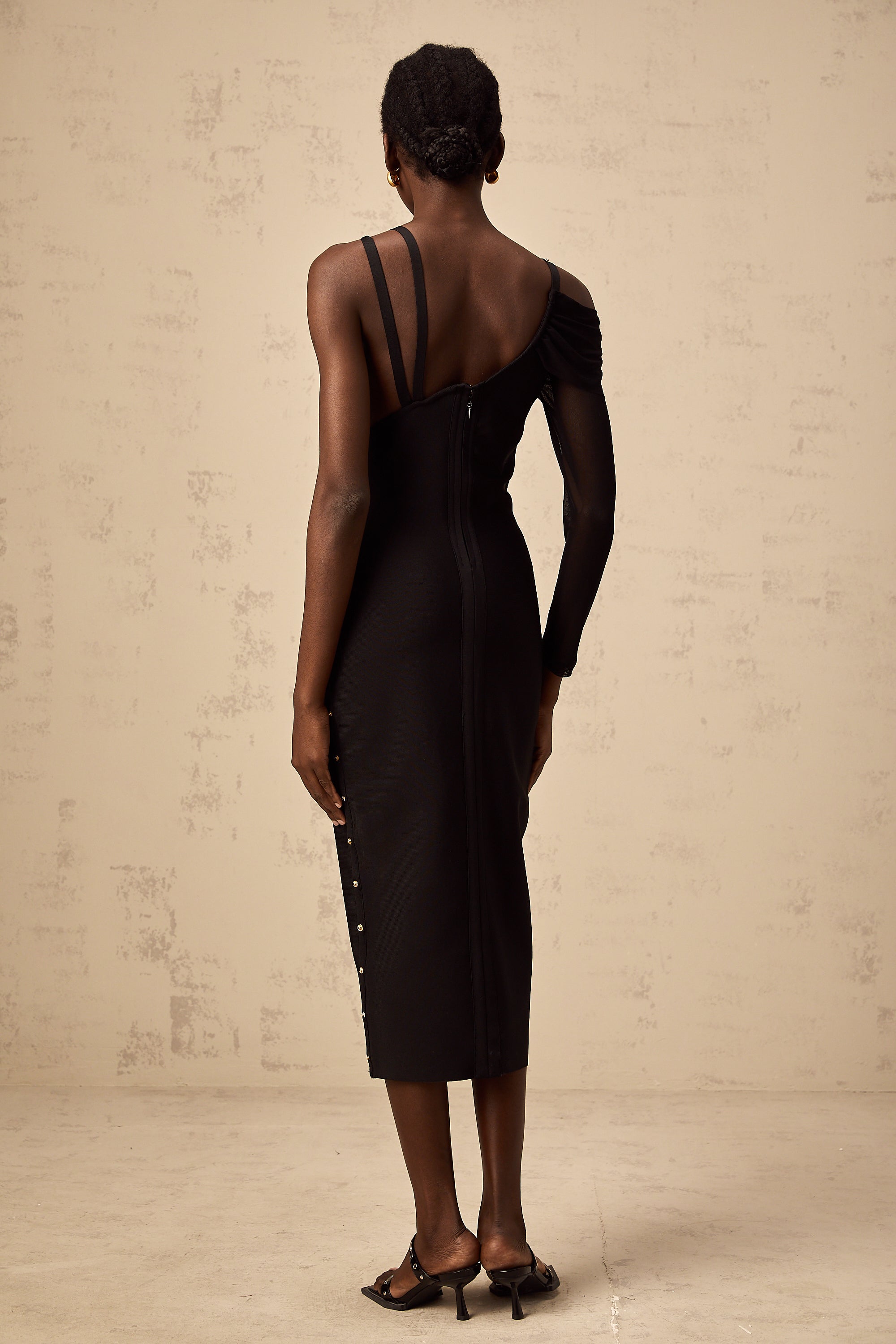 Louise black cut-out asymmetrical midi dress