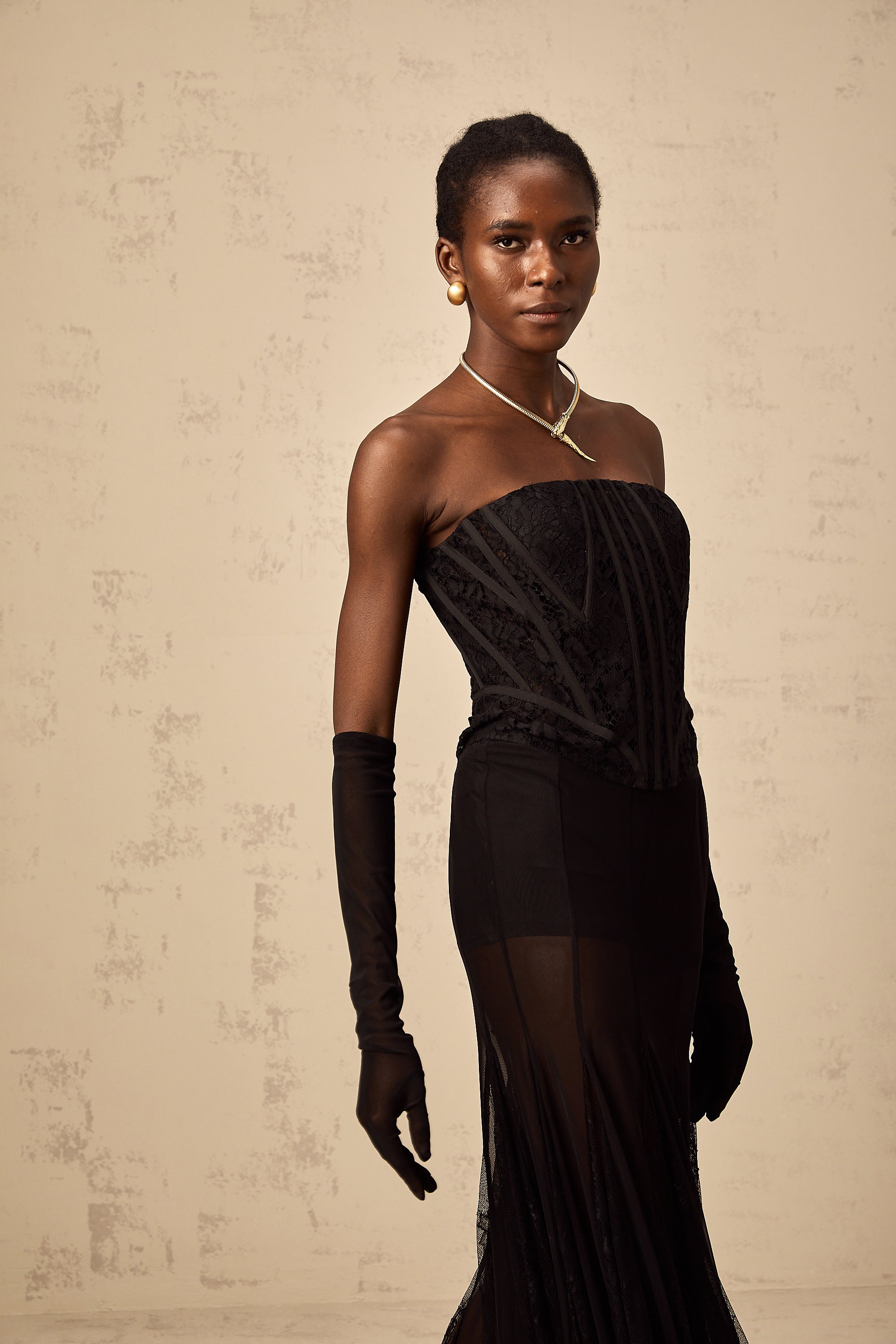 Violaine black floral-lace corset & skirt & gloves matching set