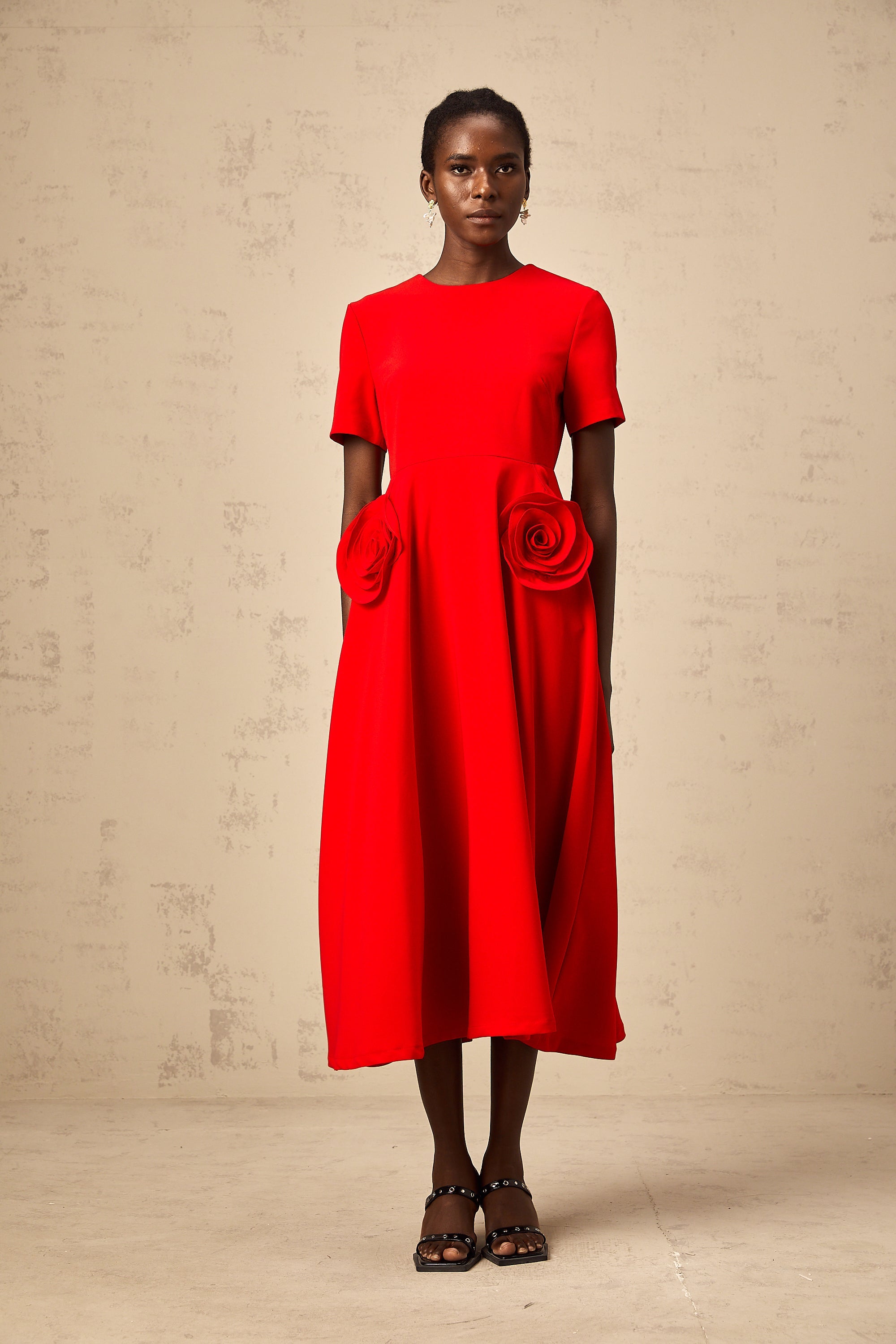 Isolde red floral-appliqué midi dress