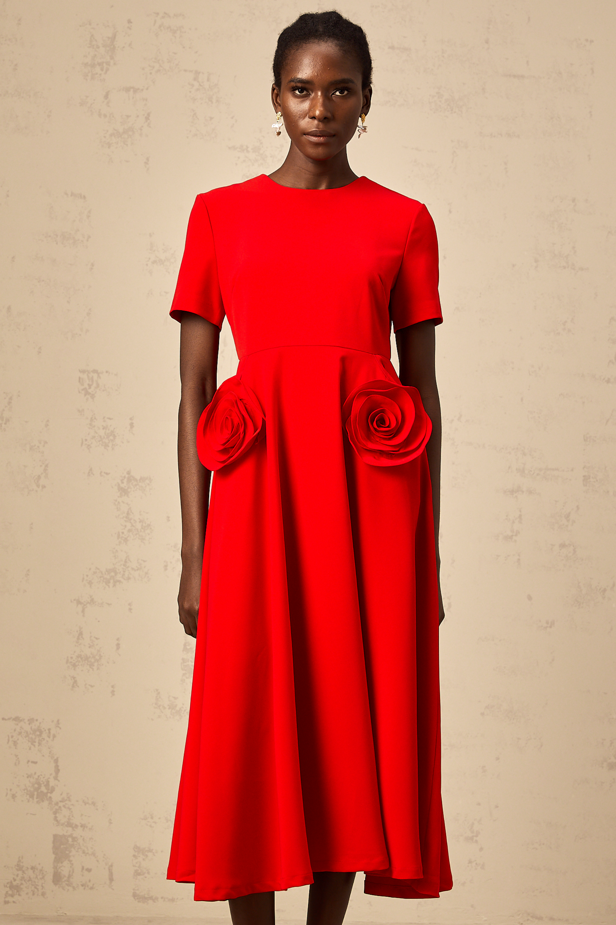 Isolde red floral-appliqué midi dress