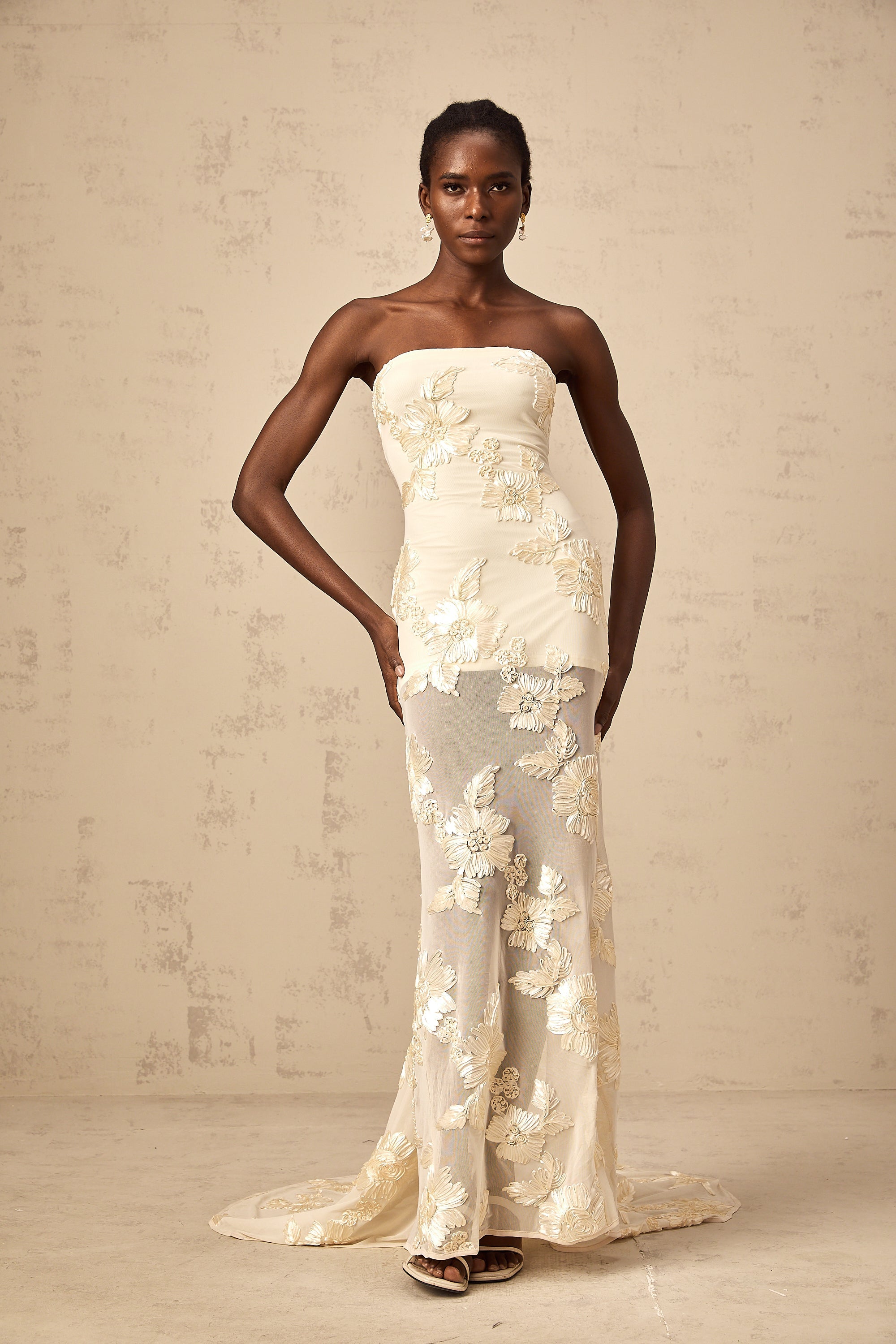 Melanie neutrals embroidered off-shoulder maxi dress (Final Sale-US Only)