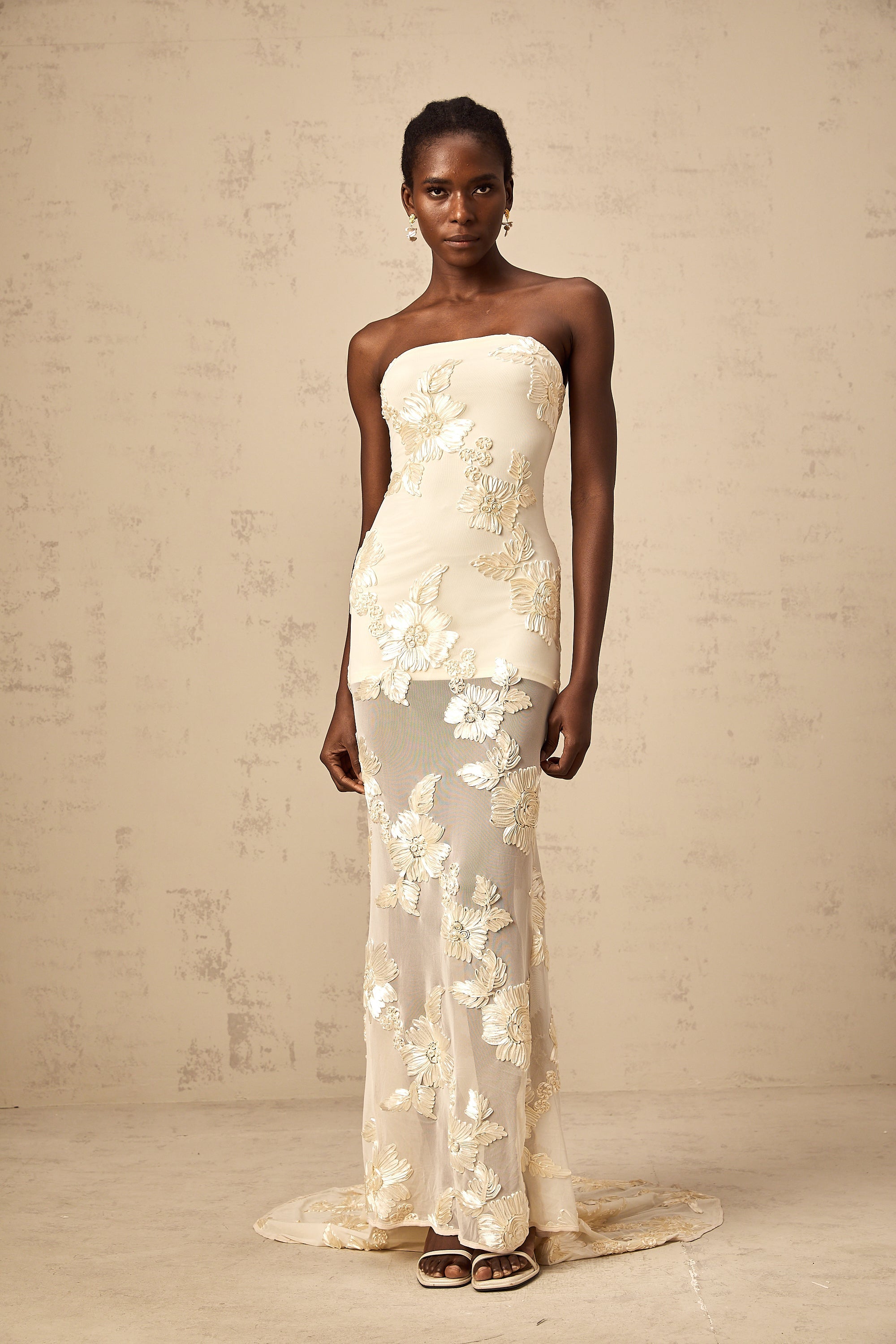Melanie neutrals embroidered off-shoulder maxi dress (Final Sale-US Only)