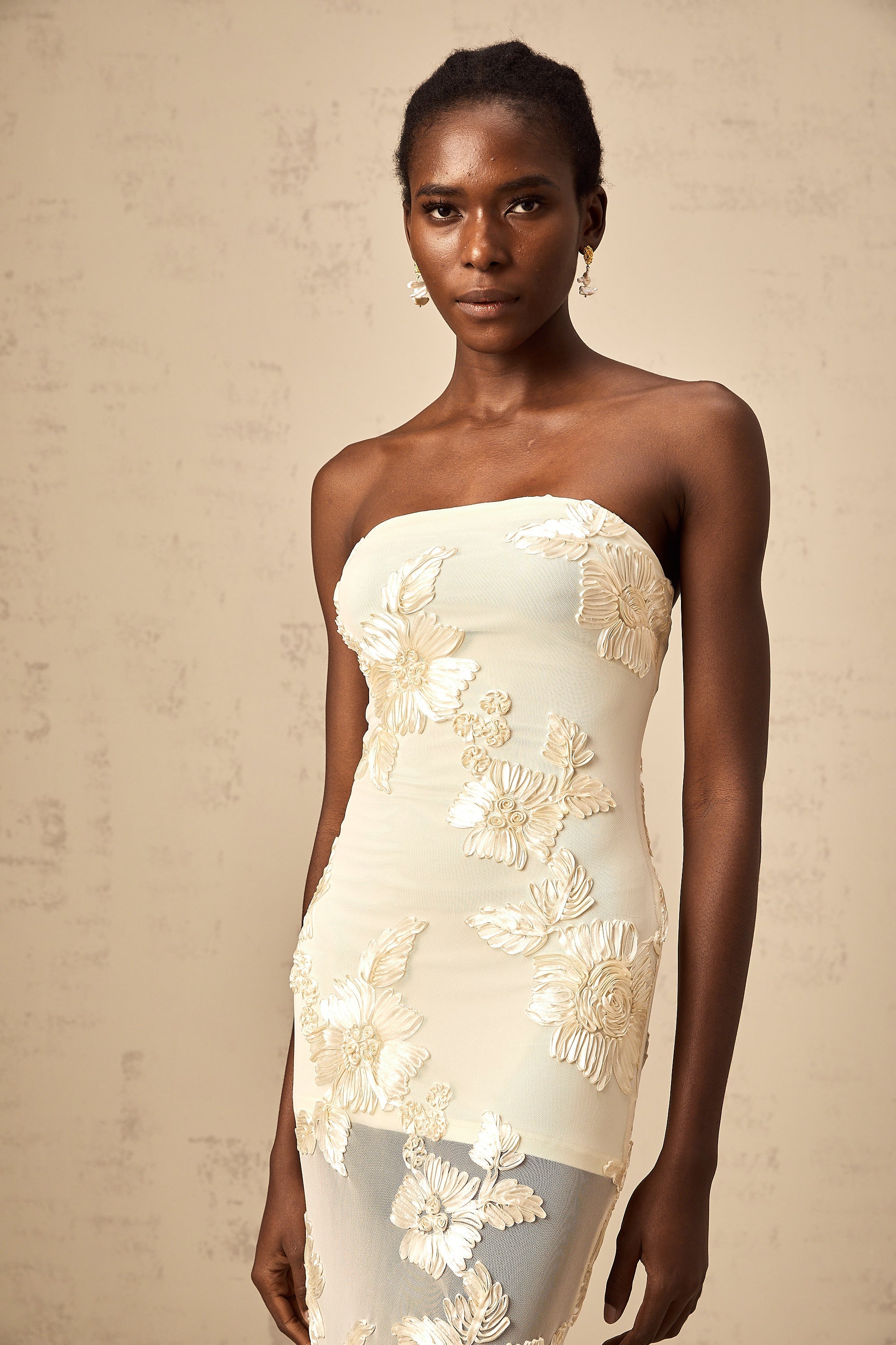 Melanie neutrals embroidered off-shoulder maxi dress