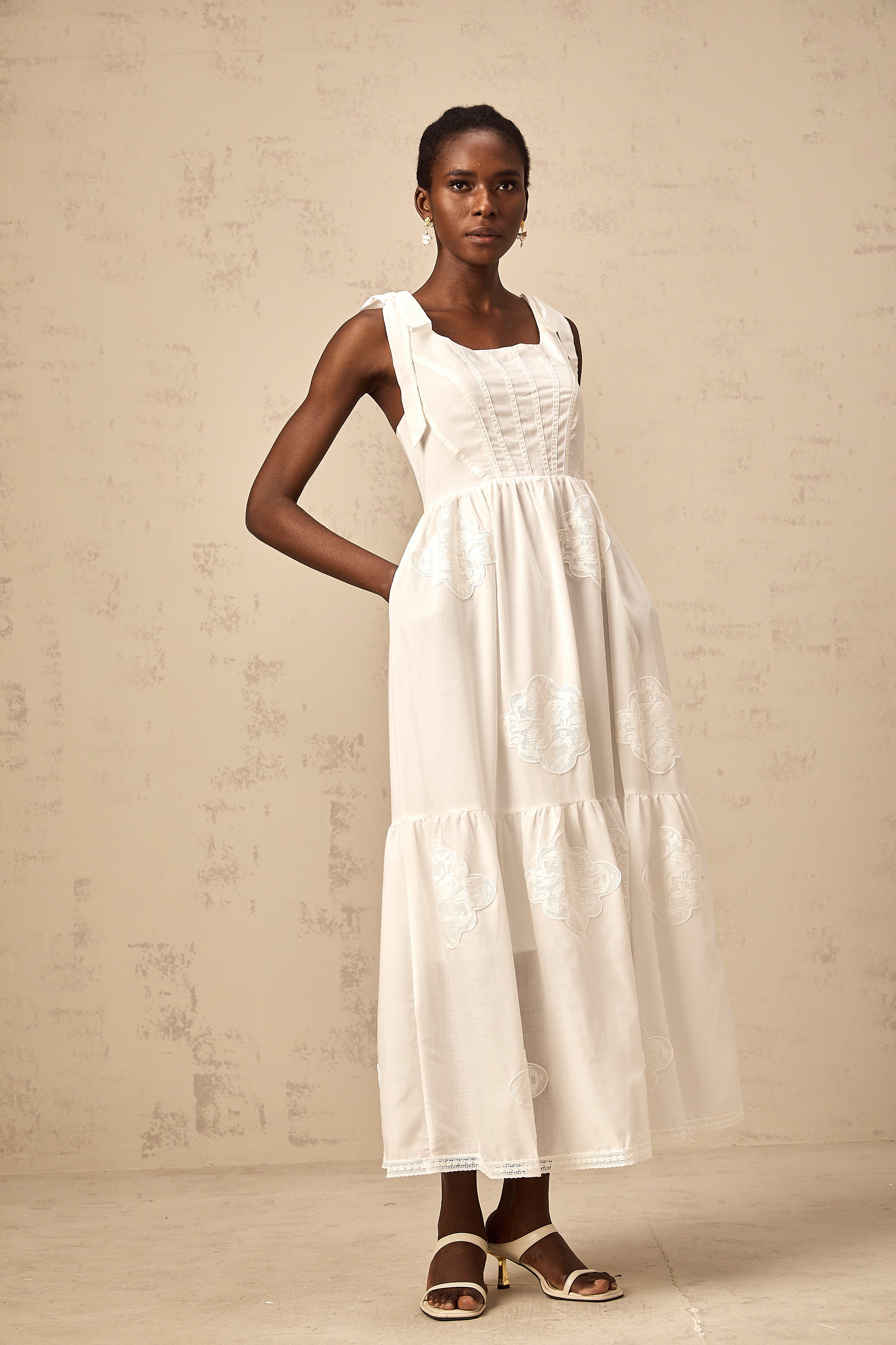 Gaëlle white floral-embroidered tiered midi dress (US Only)