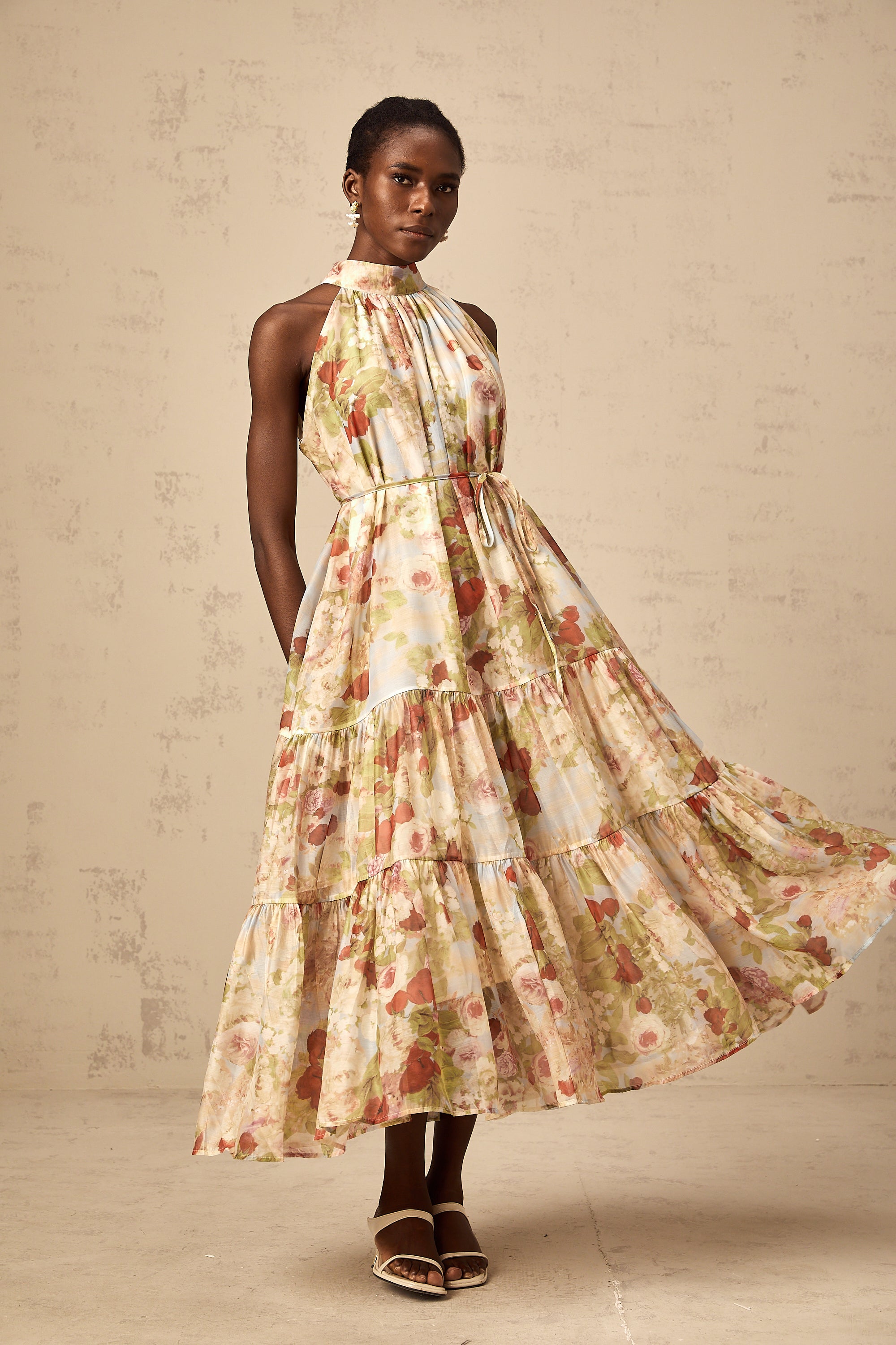 Ulani floral-print sleeveless midi dress in Neutrals