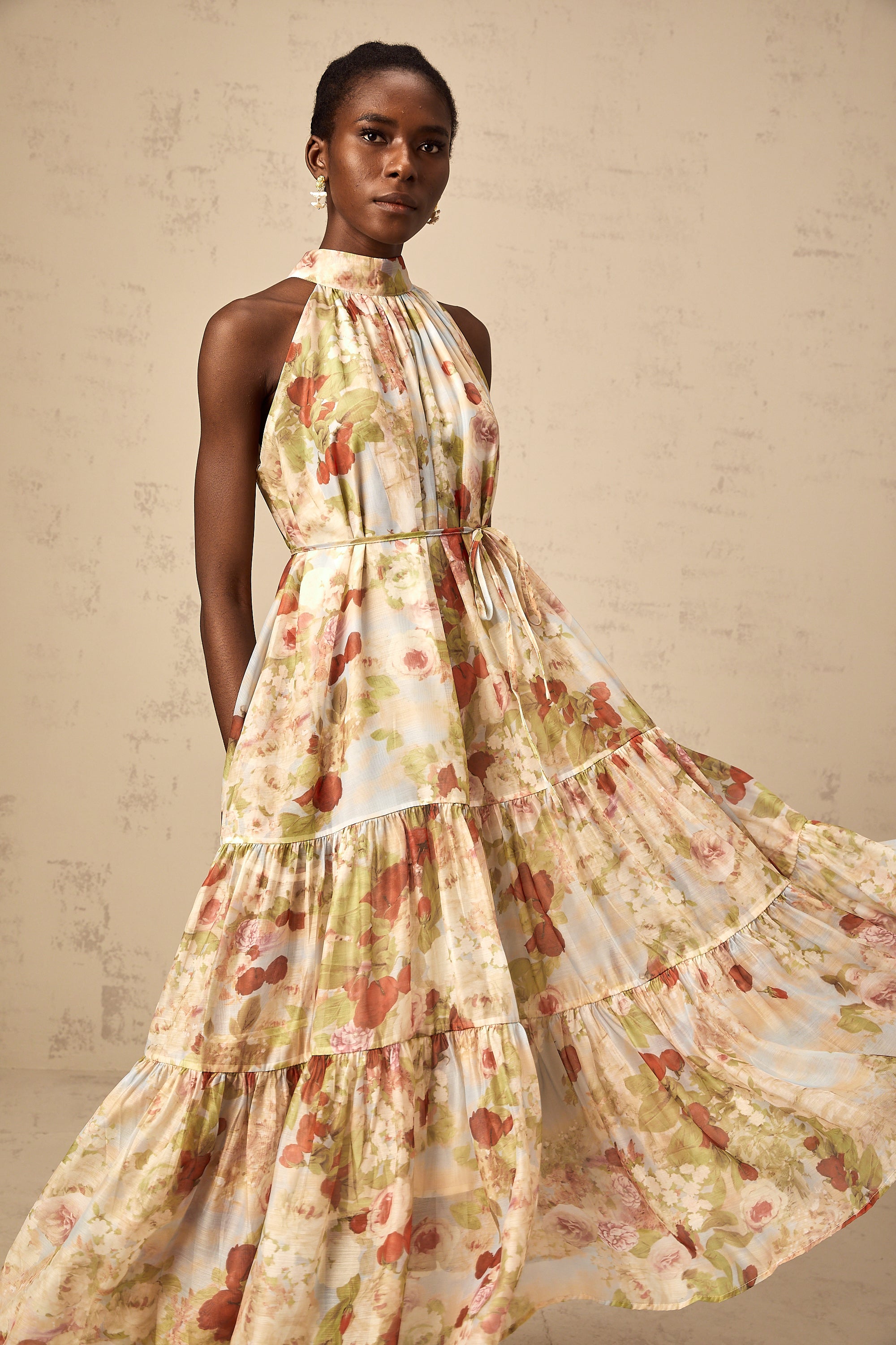 Ulani floral-print sleeveless midi dress in Neutrals