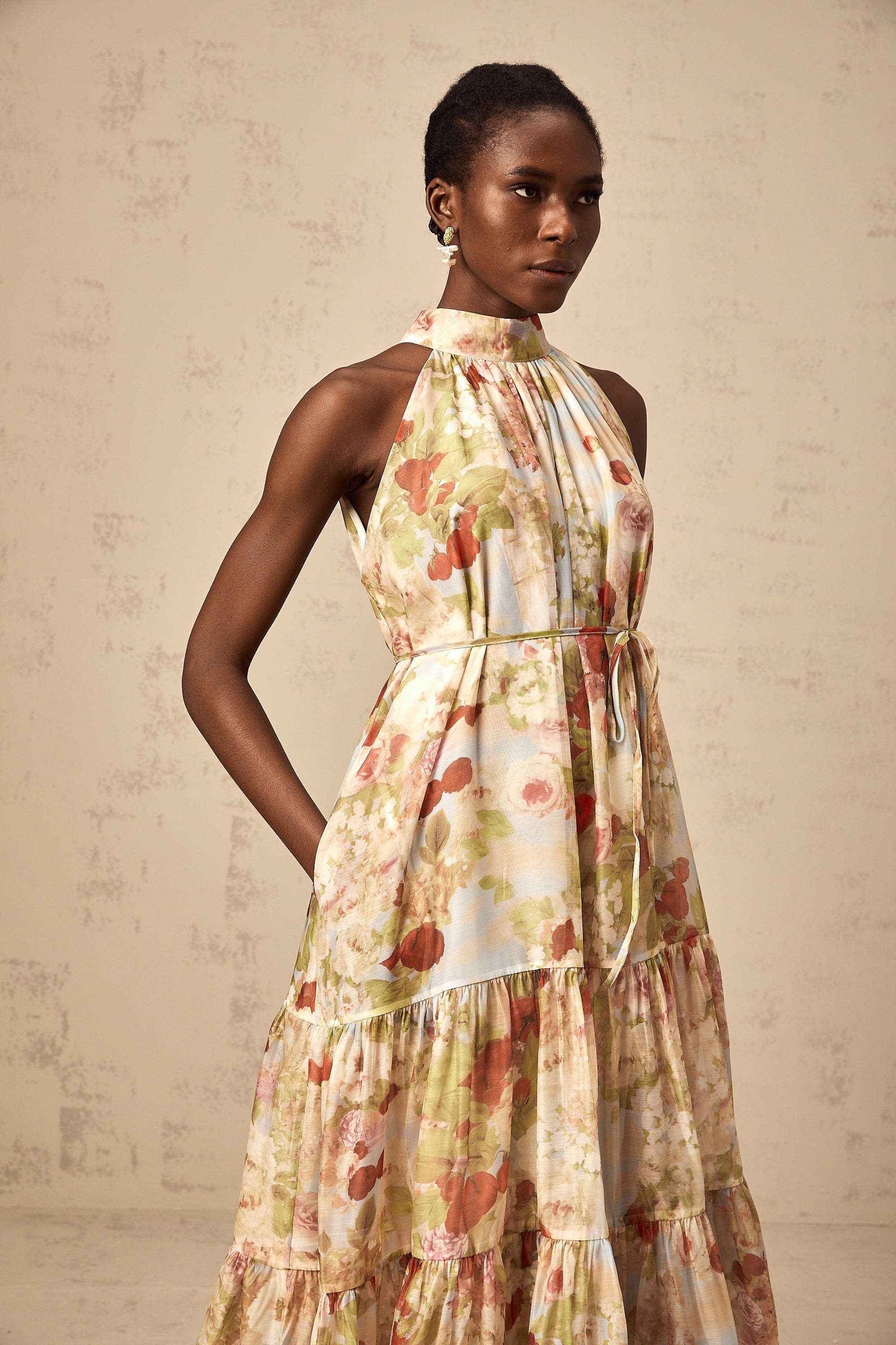 Ulani floral-print sleeveless midi dress in Neutrals
