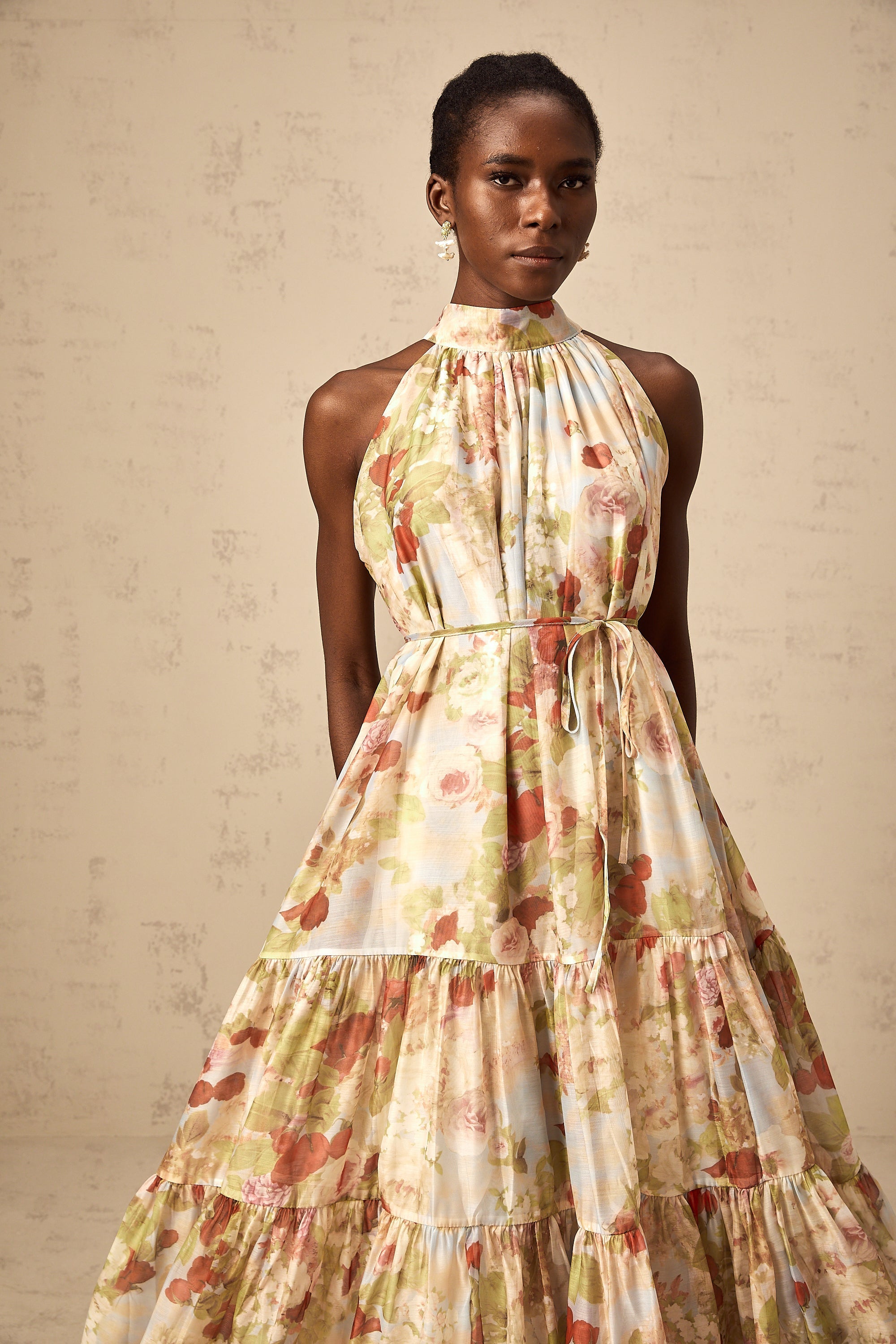 Ulani floral-print sleeveless midi dress in Neutrals