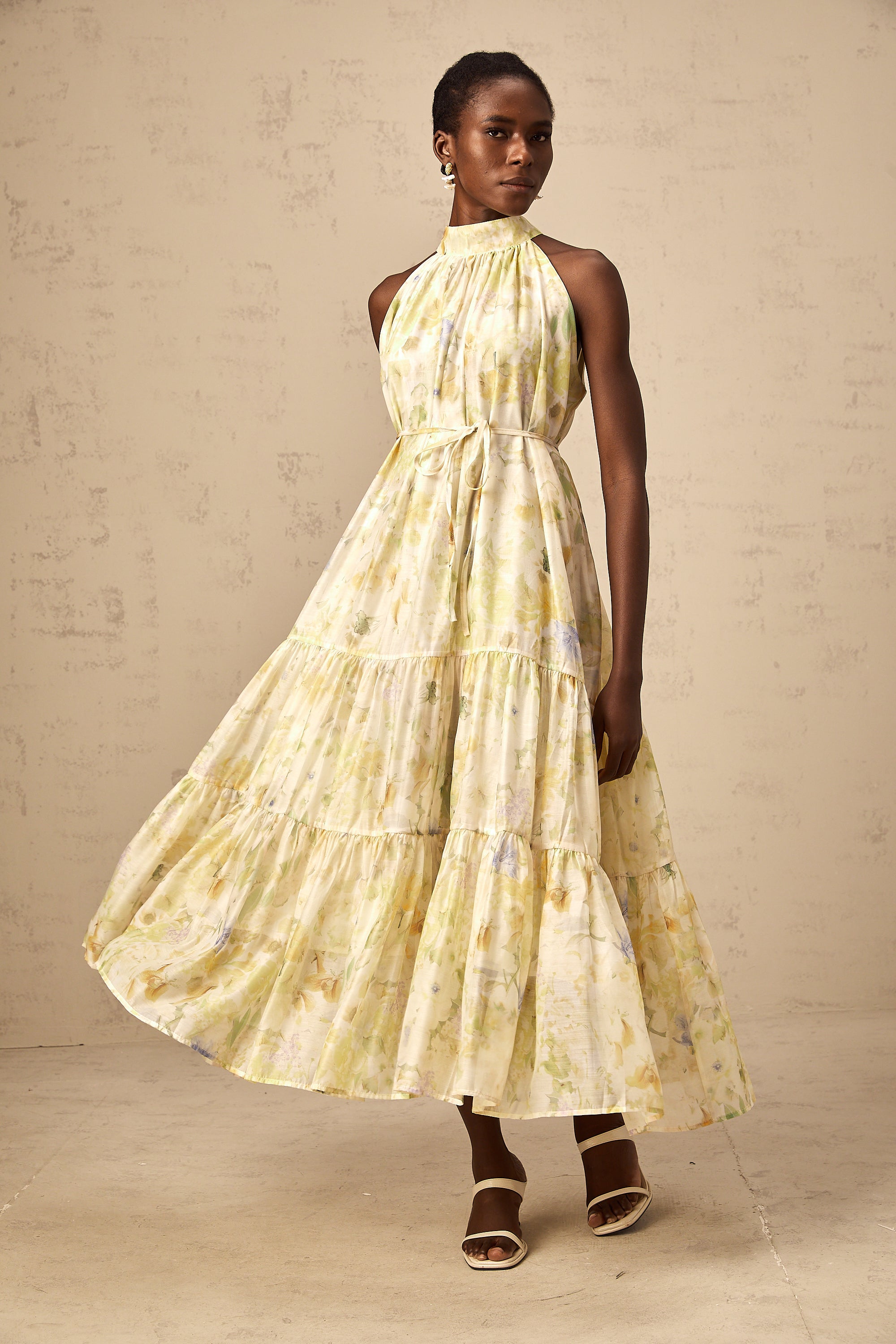 Ulani floral-print sleeveless midi dress in Yellow