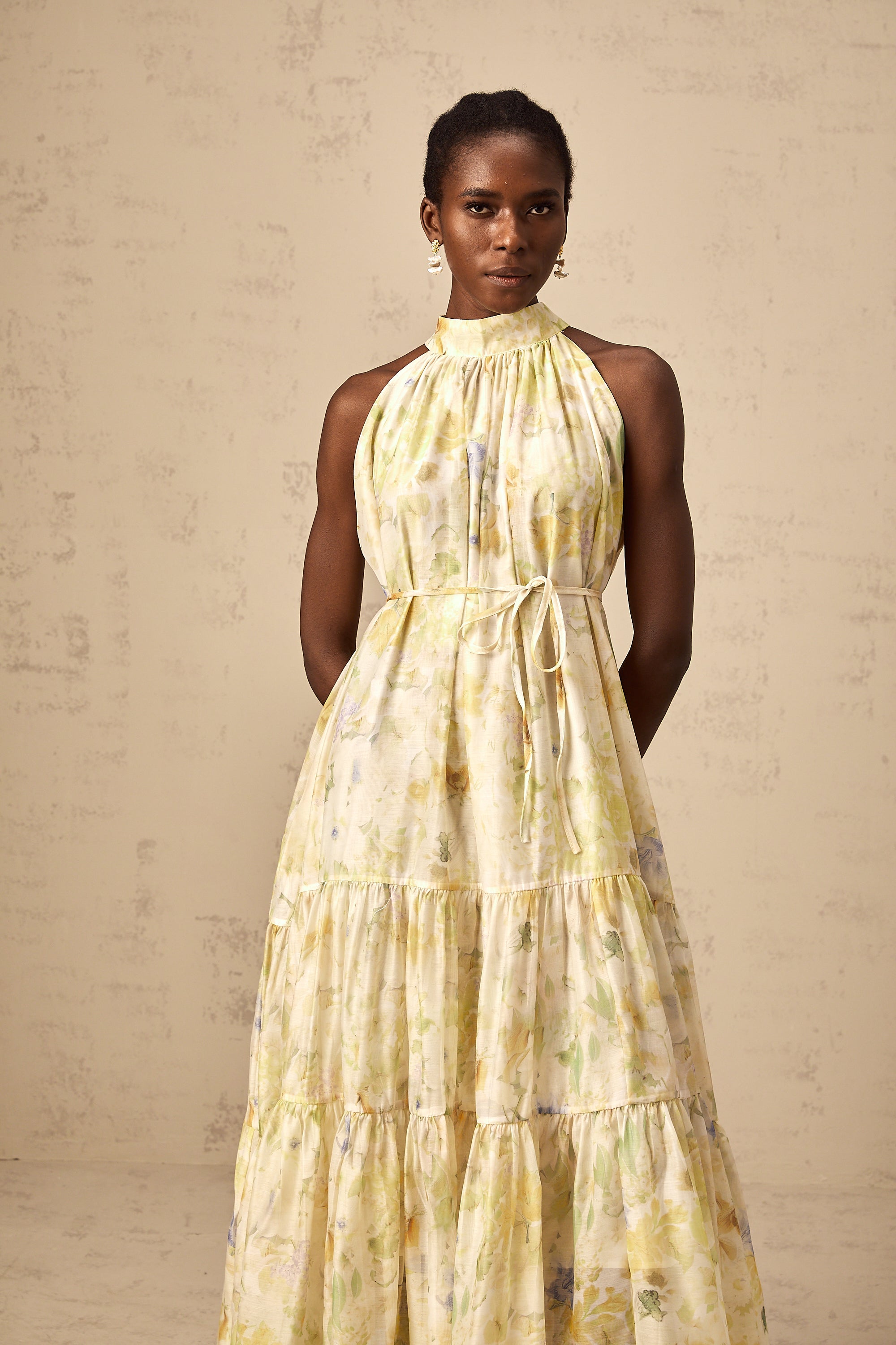 Ulani floral-print sleeveless midi dress in Yellow