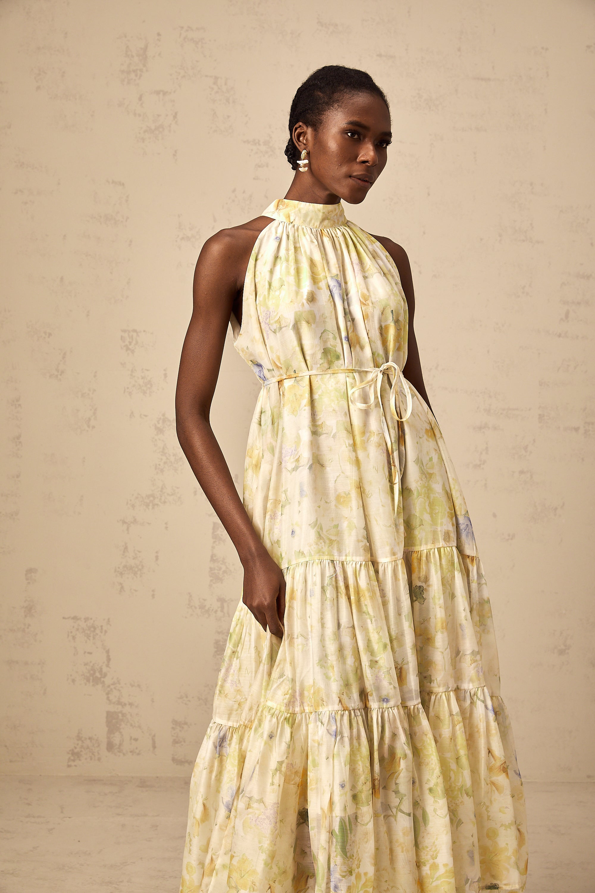 Ulani floral-print sleeveless midi dress in Yellow
