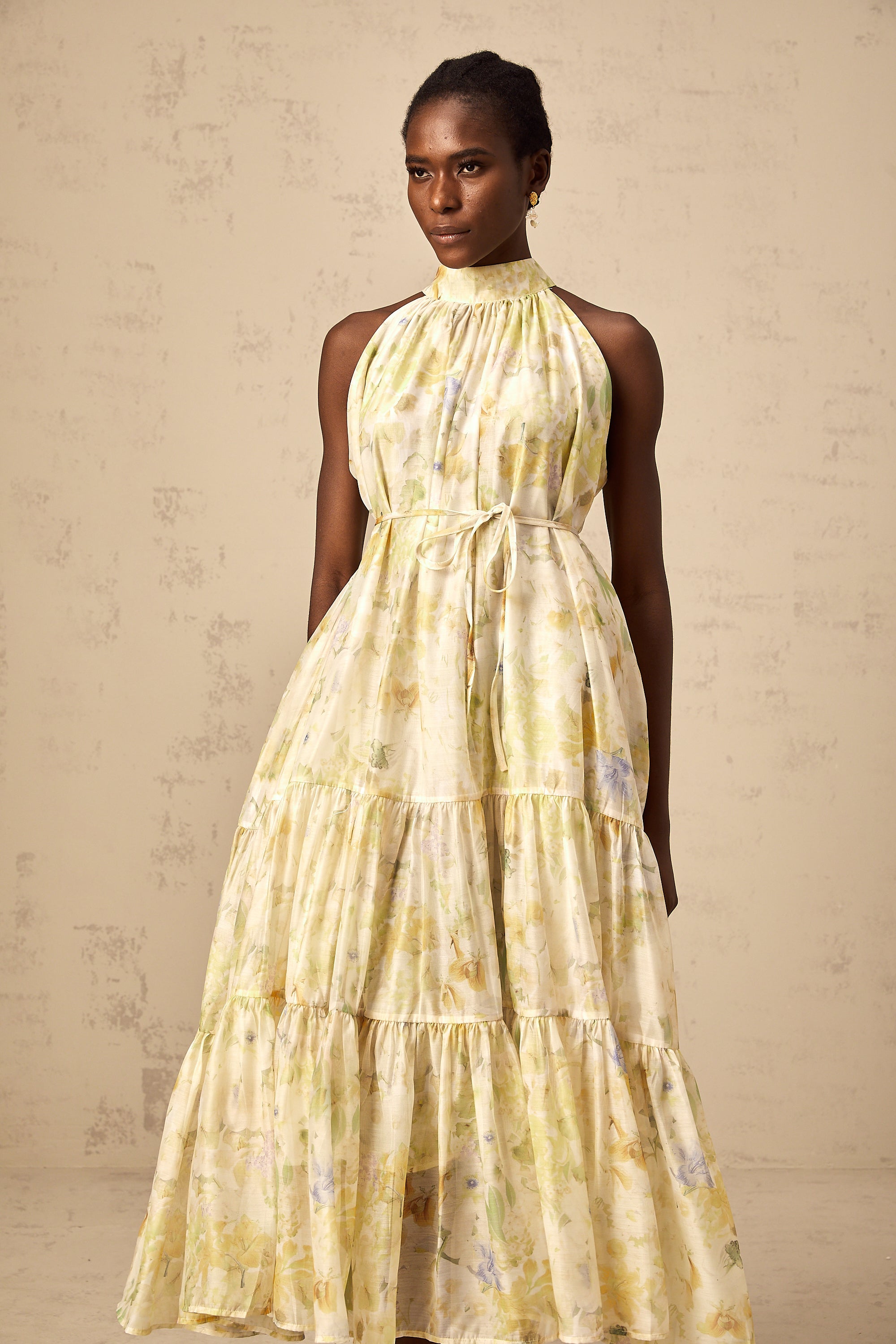 Ulani floral-print sleeveless midi dress in Yellow