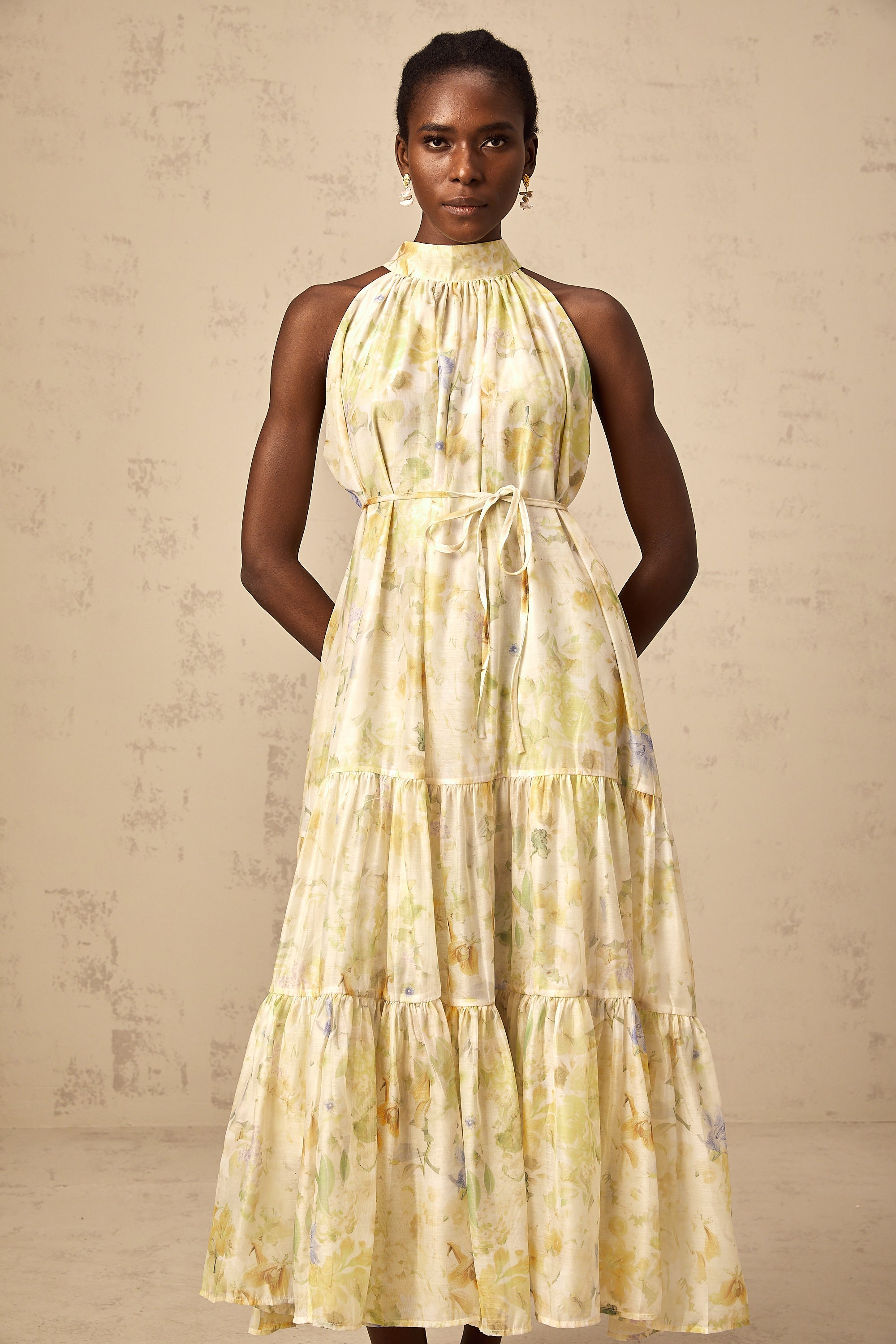 Ulani floral-print sleeveless midi dress in Yellow