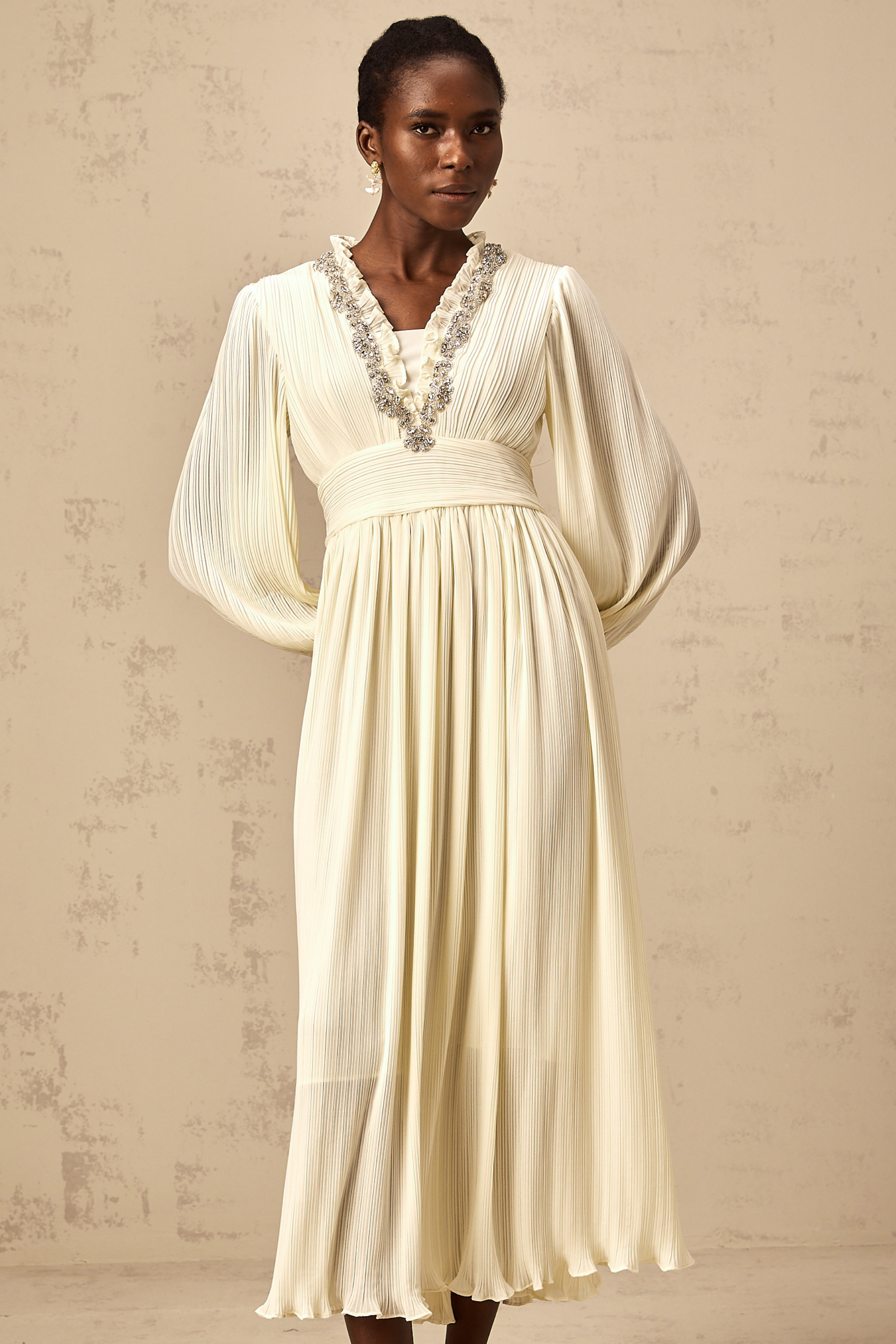 Yana white crystal-trim pleated midi dress (Final Sale-US Only)