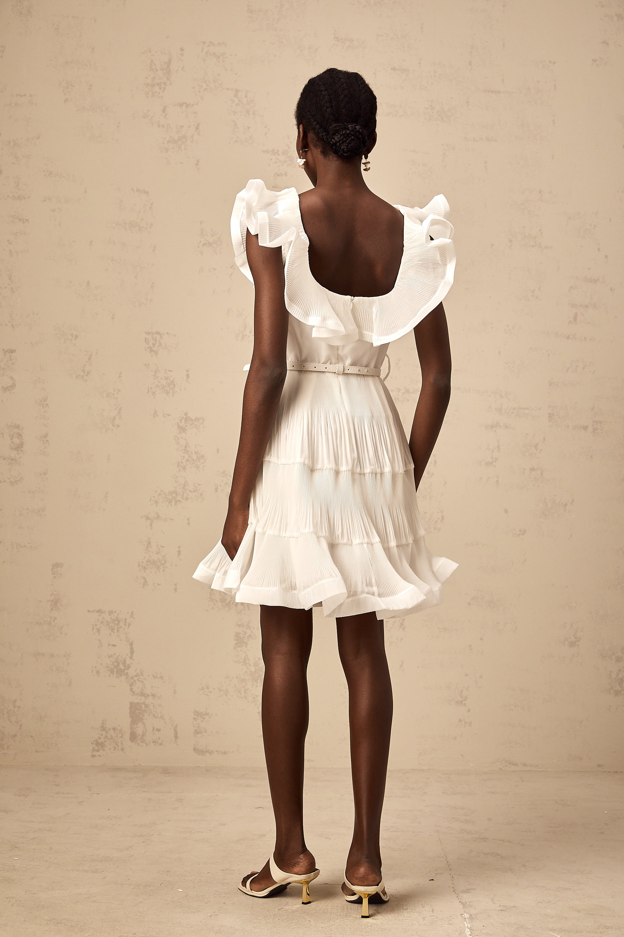 Éliane white frilled neckline pleated mini dress (Final Sale-US Only)