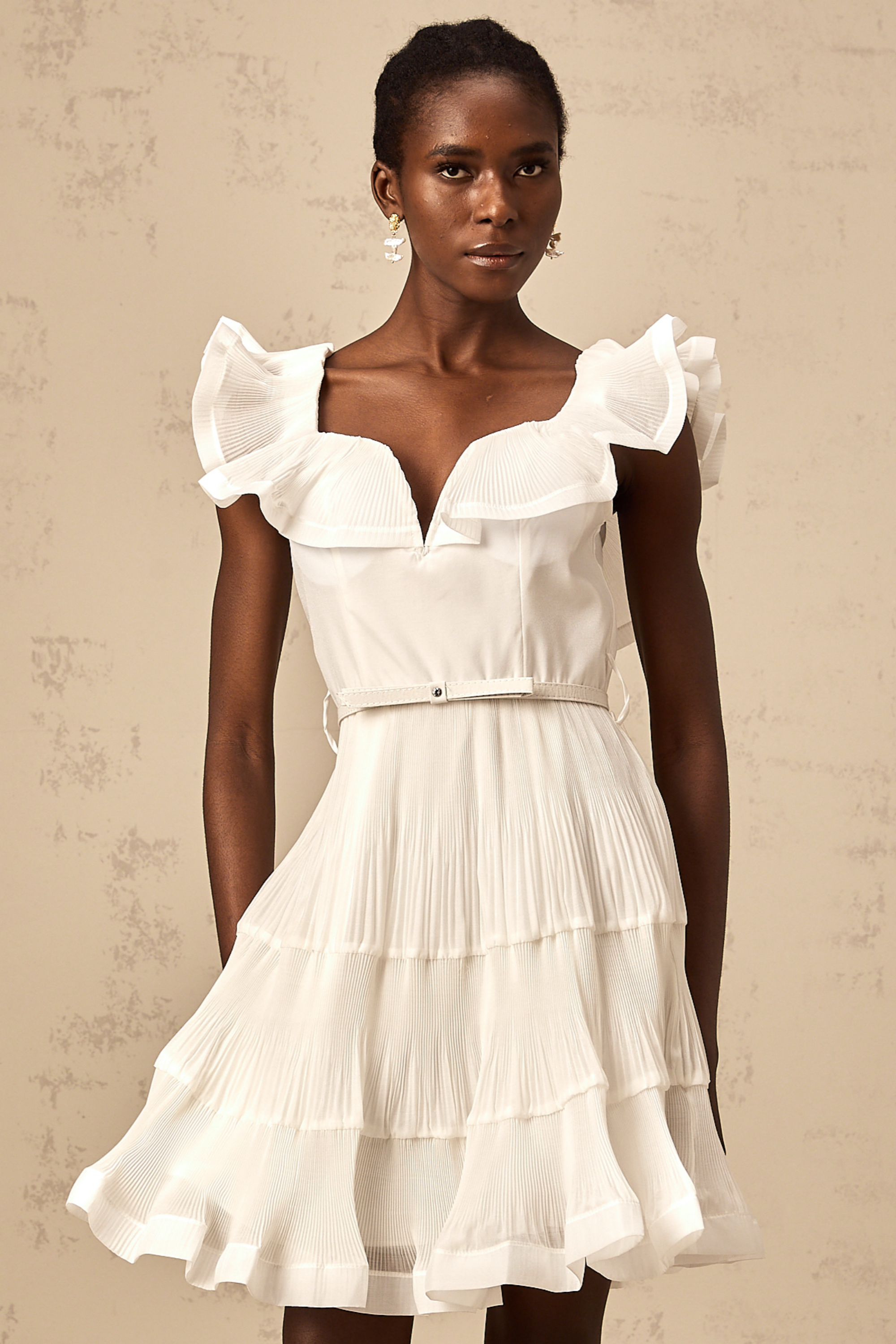Éliane white frilled neckline pleated mini dress (Final Sale-US Only)