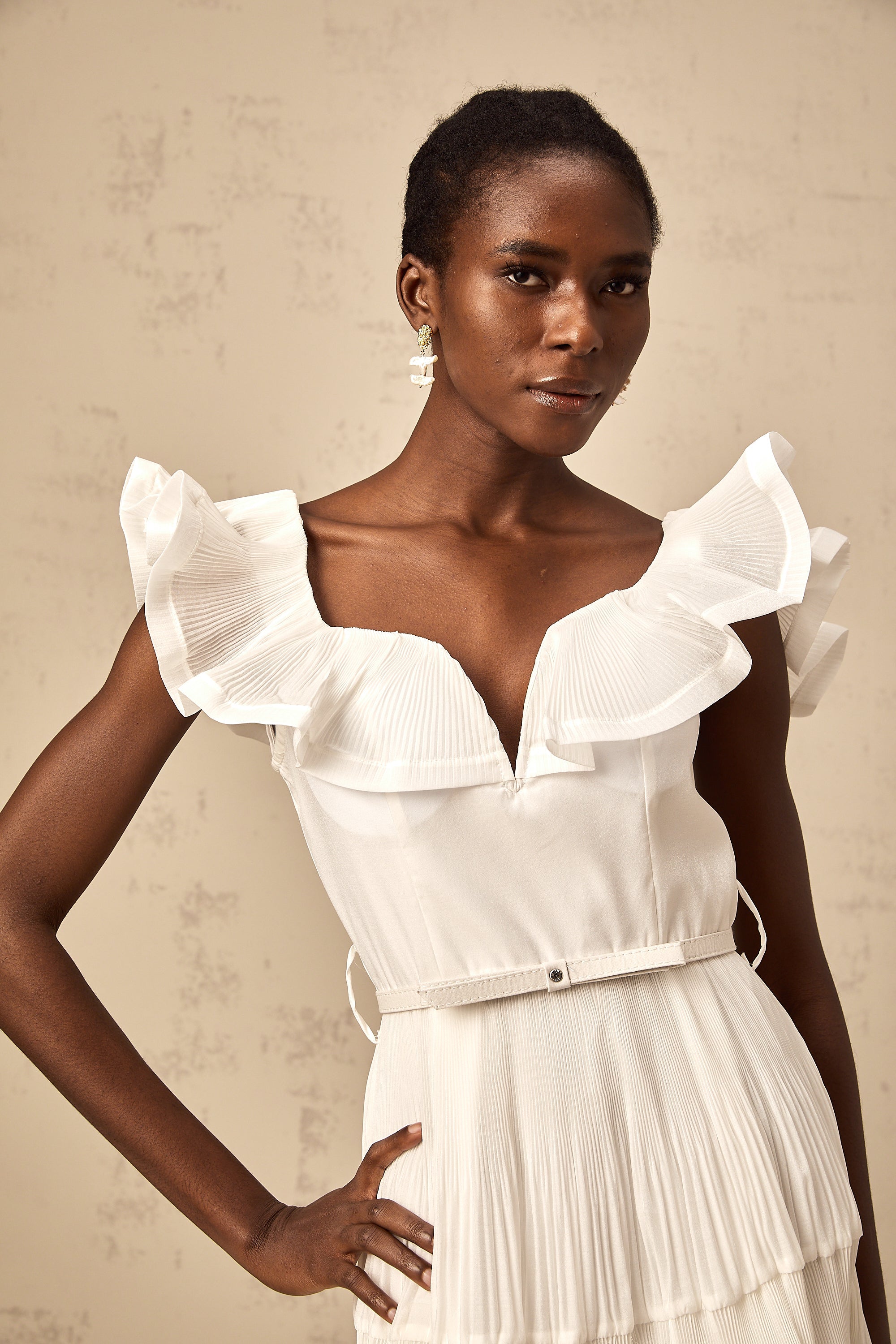 Éliane white frilled neckline pleated mini dress (Final Sale-US Only)