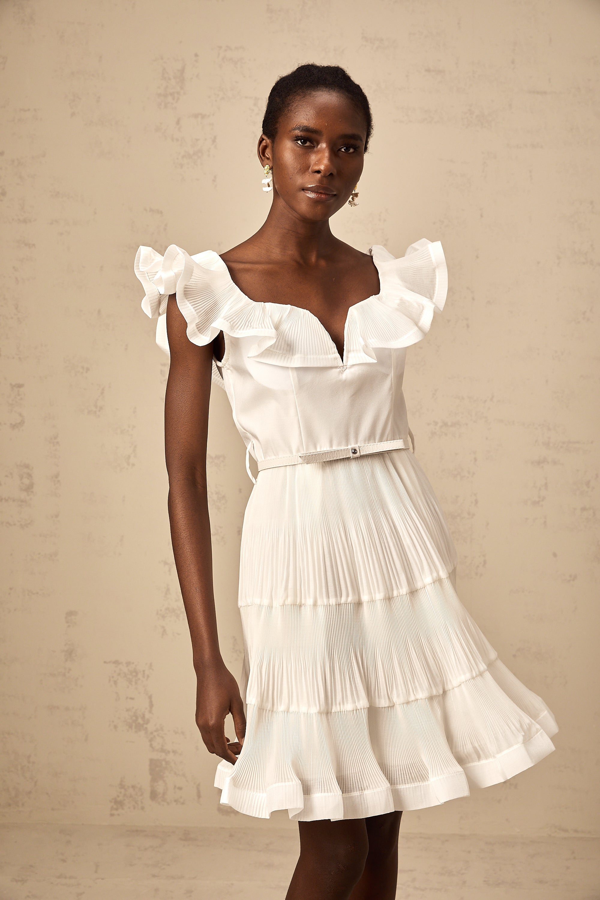 Éliane white frilled neckline pleated mini dress (Final Sale-US Only)