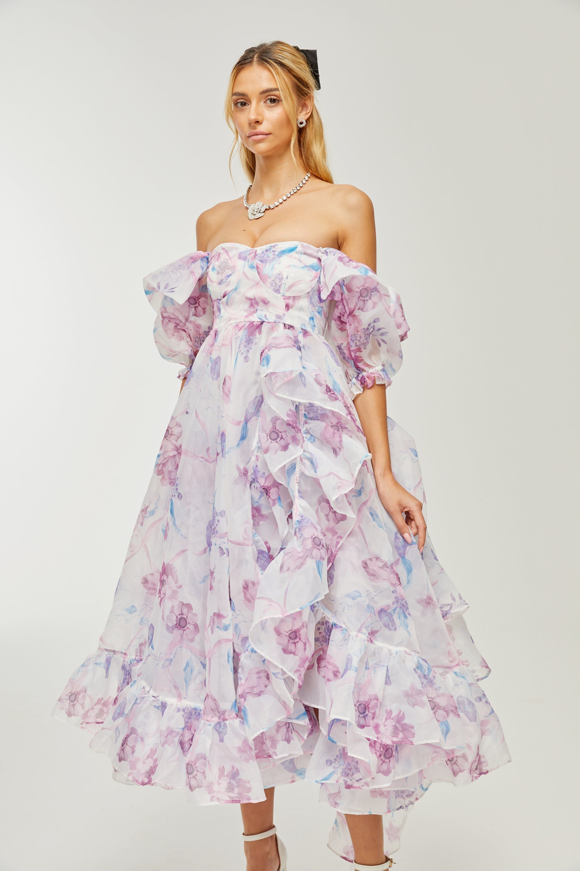 Béatrice puff-sleeves pleated midi dress (US Only)