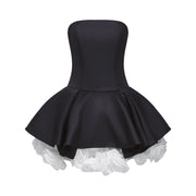 Lucie black petal-layered strapless corset mini dress