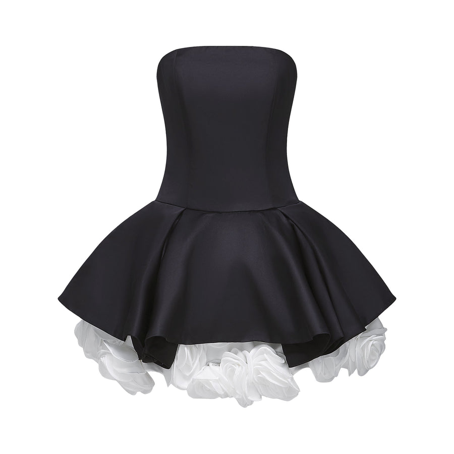 Lucie black petal-layered strapless corset mini dress