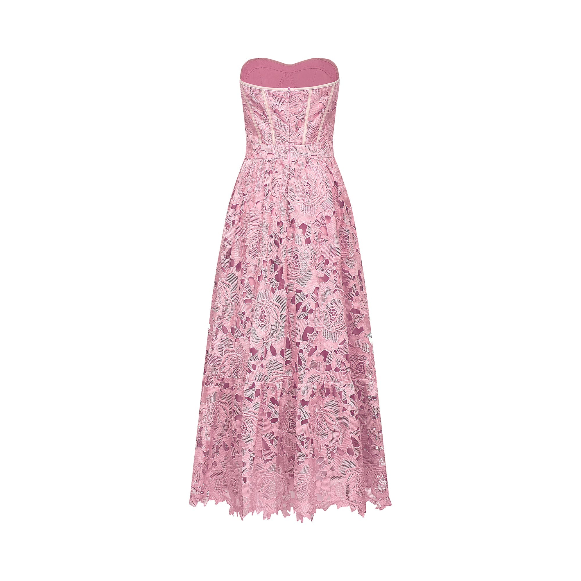 Inès lace floral embroidered cut-out midi dress in Pink