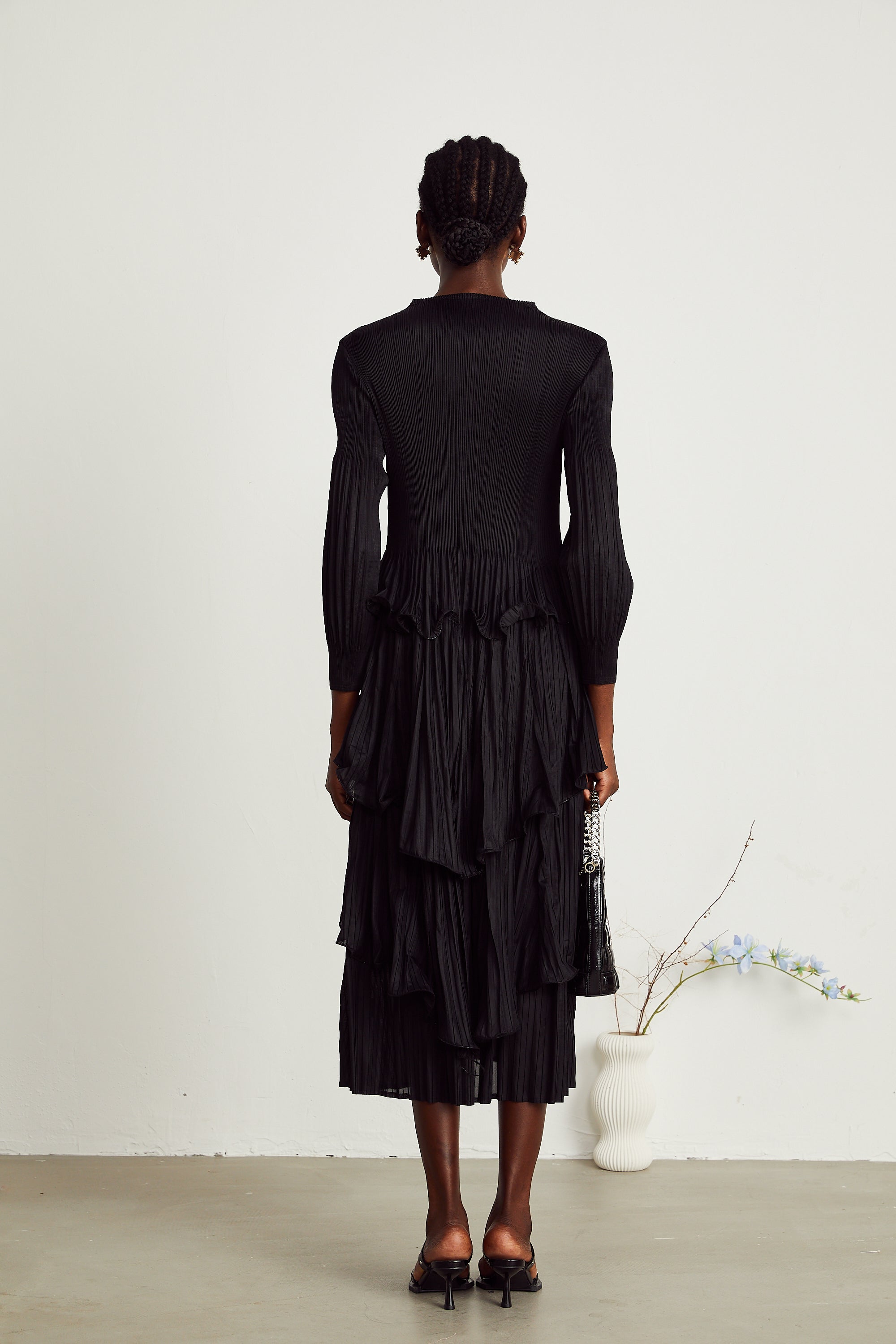 Brianna black tiered pleated midi dress (Final Sale-US Only)