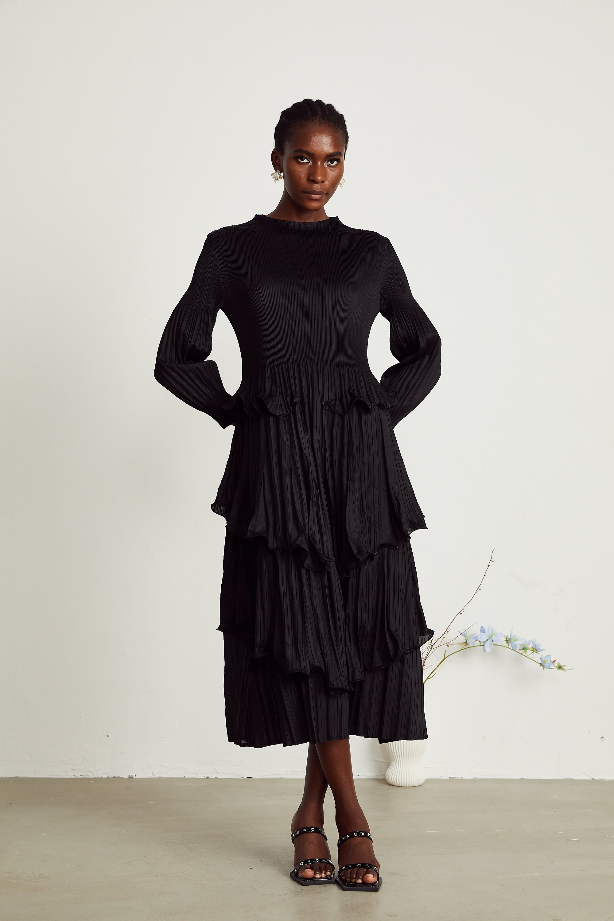 Brianna black tiered pleated midi dress (Final Sale-US Only)