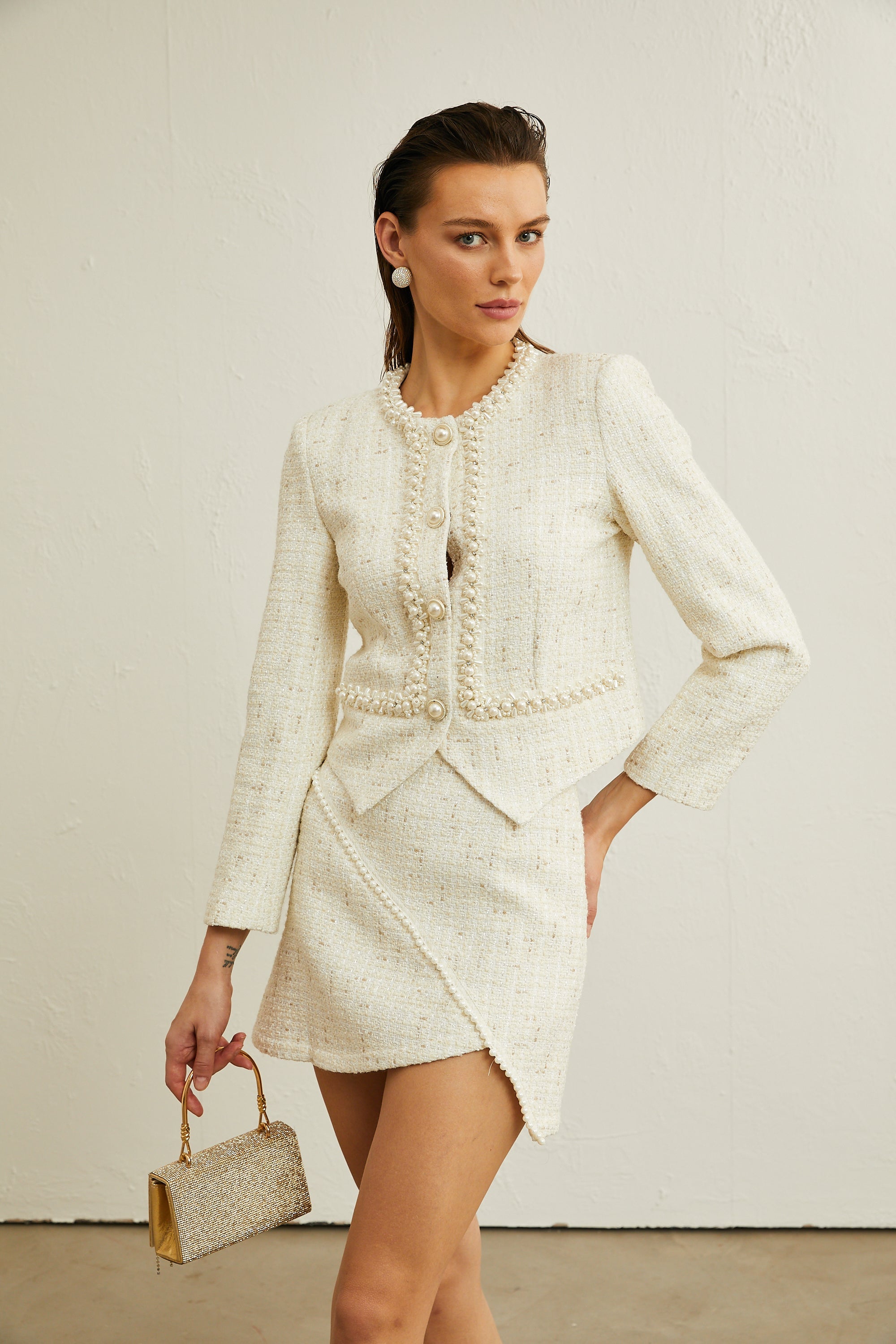 Manon faux-pearl asymmetrical jacket & skirt matching set